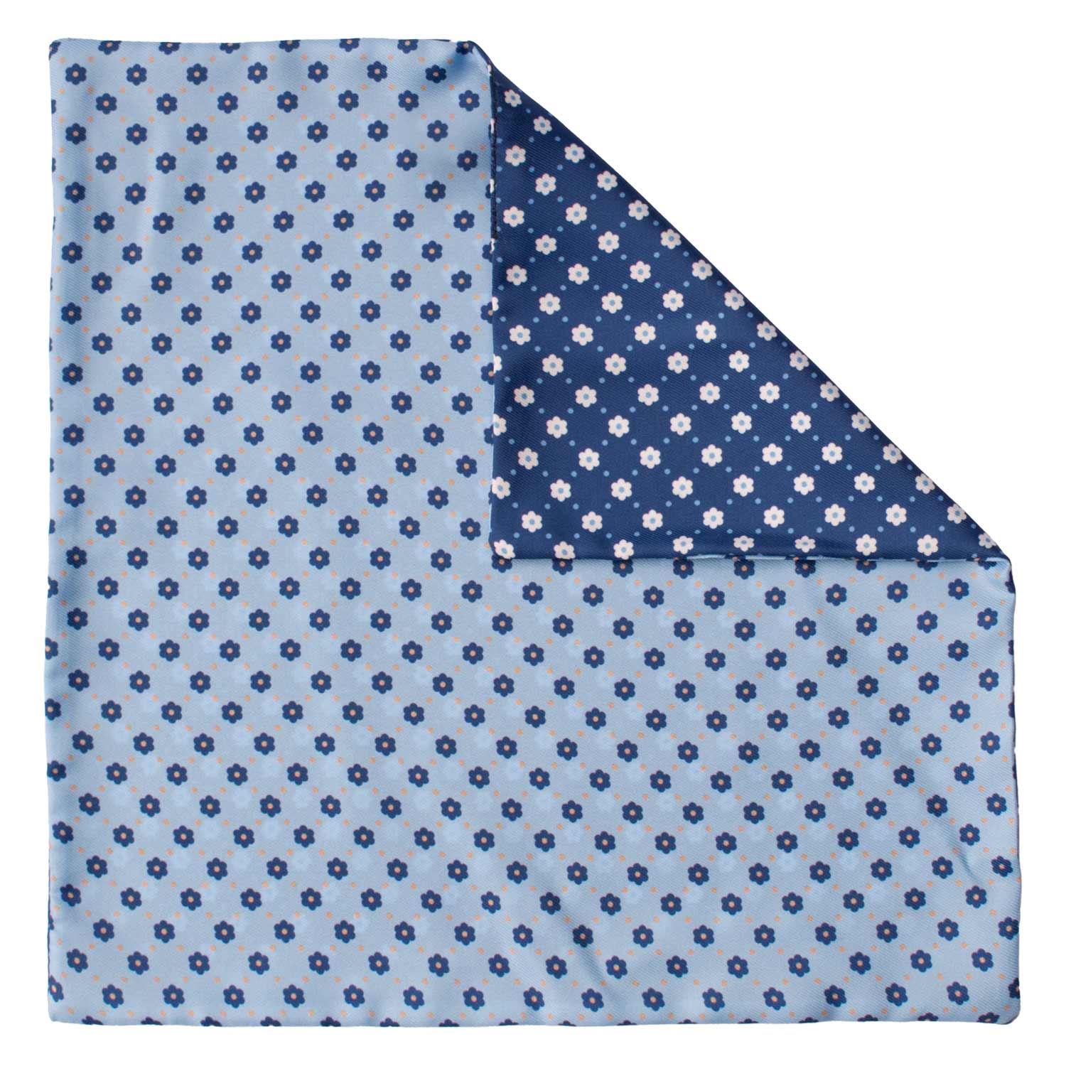 Fazzoletto da Taschino di Seta Double Face Celeste Blu Navy a Fiori Multicolor POC607 Graffeo Cravatte Made in Italy