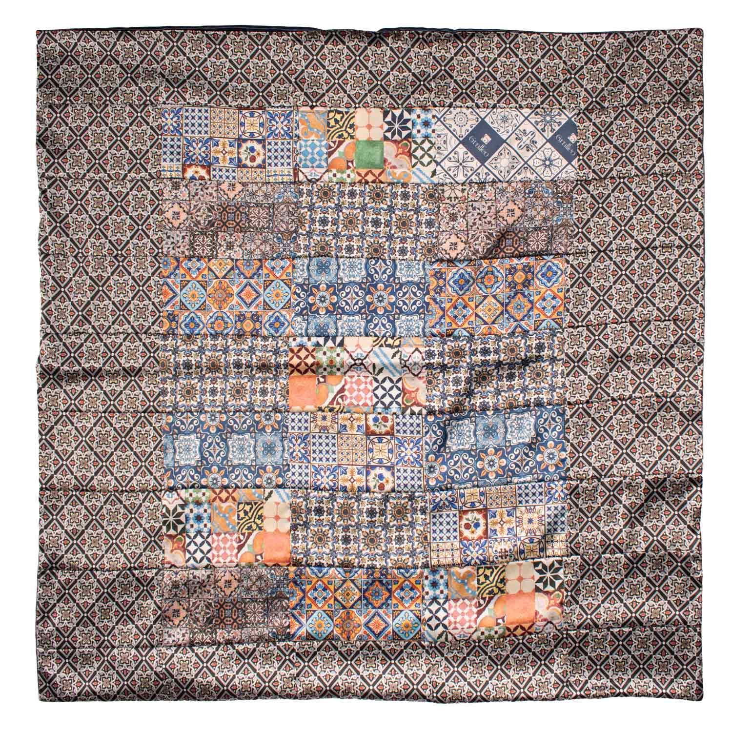 Foulard Siciliano di Raso Vintage Patchwork con Maioliche Multicolor FP58 Made in Italy Graffeo Cravatte