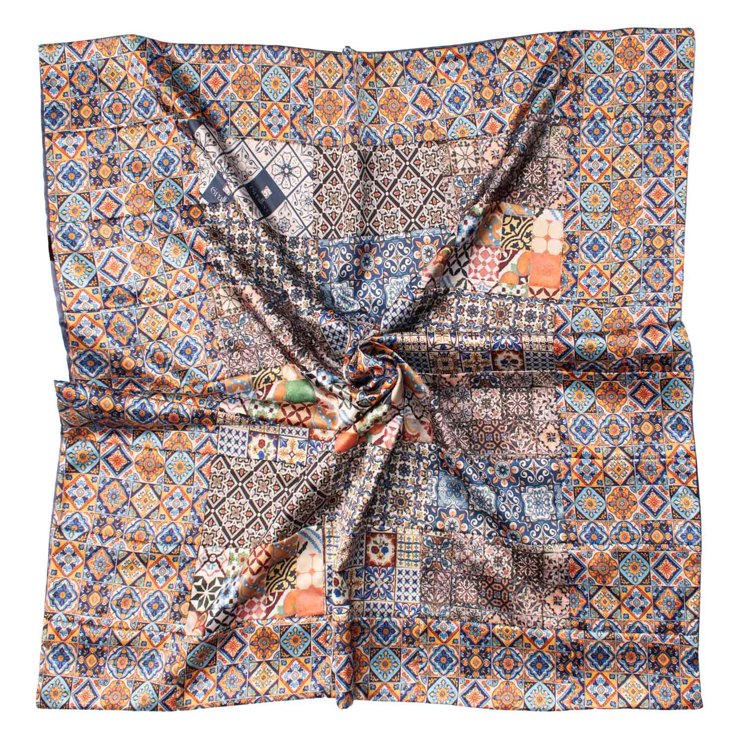 Foulard Siciliano di Raso Vintage Patchwork con Maioliche Multicolor FP59 Made in Italy Graffeo Cravatte Tessuto