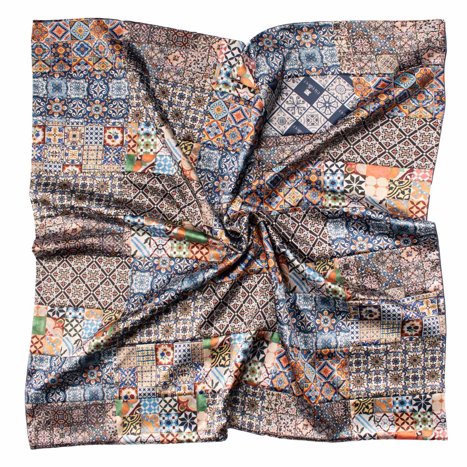 Foulard Siciliano di Raso Vintage Patchwork con Maioliche Multicolor FP68 Made in Italy Graffeo Cravatte Tessuto