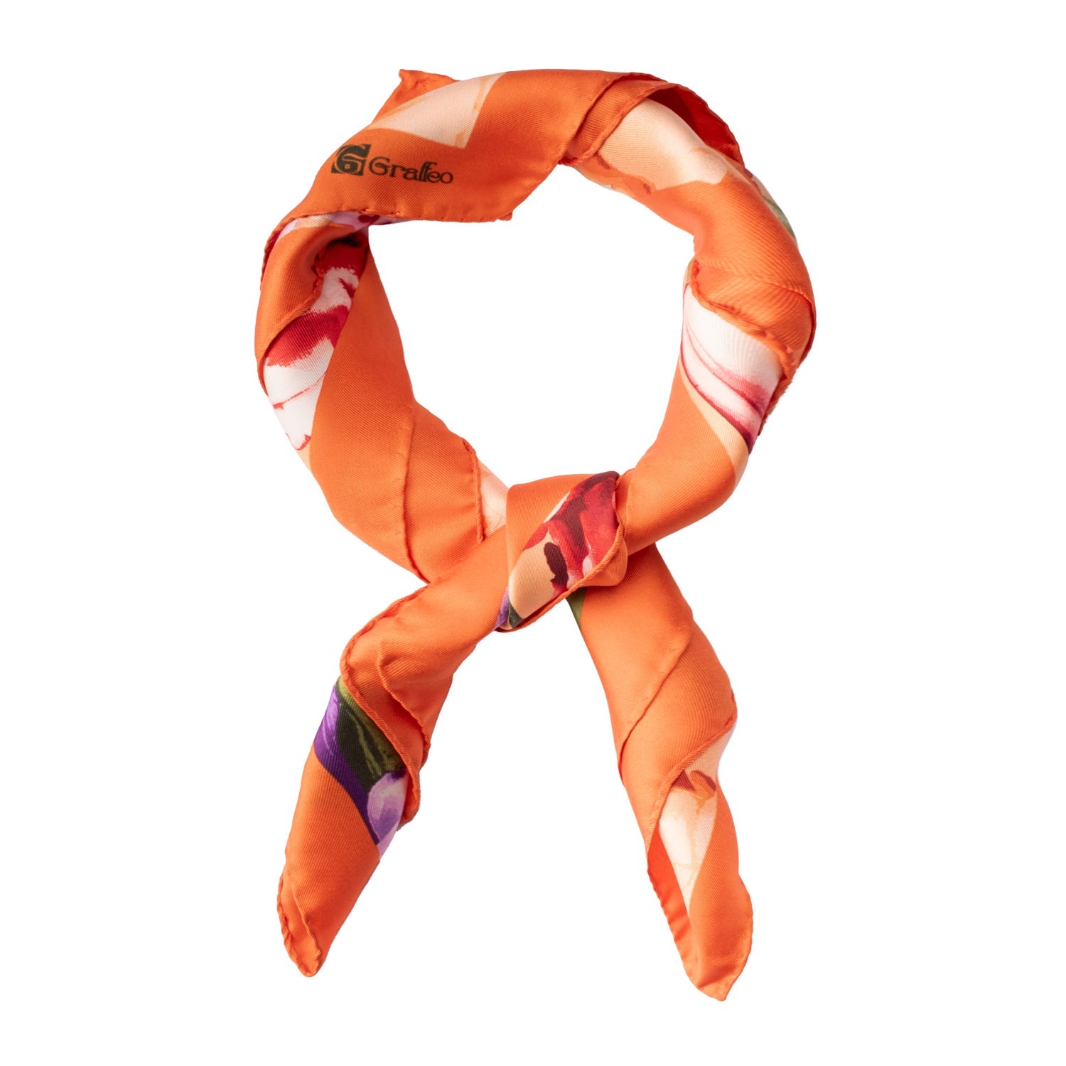 Foulard Vintage di Seta Arancione A Fiori Multicolor F46 Annodato