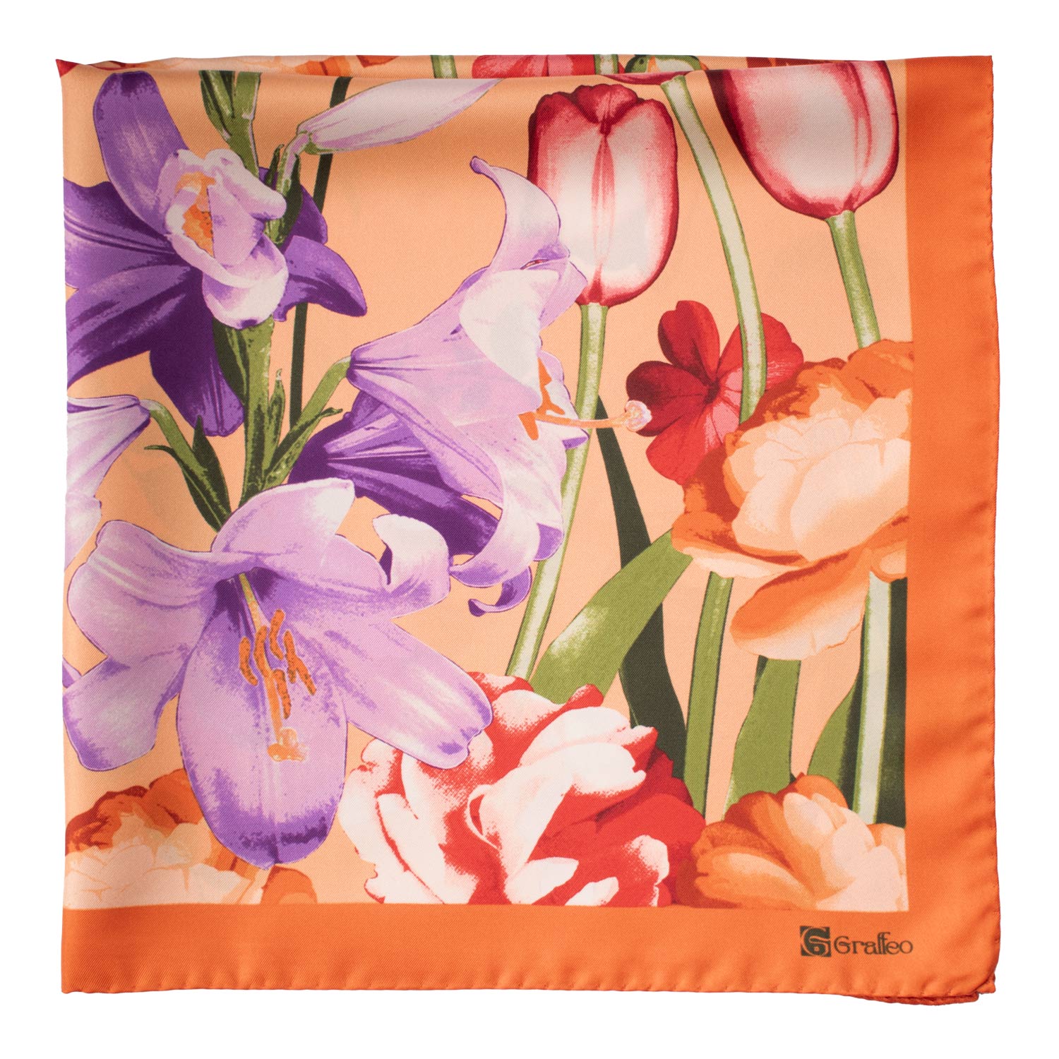 Foulard Vintage di Seta Arancione A Fiori Multicolor F46 Dettaglio