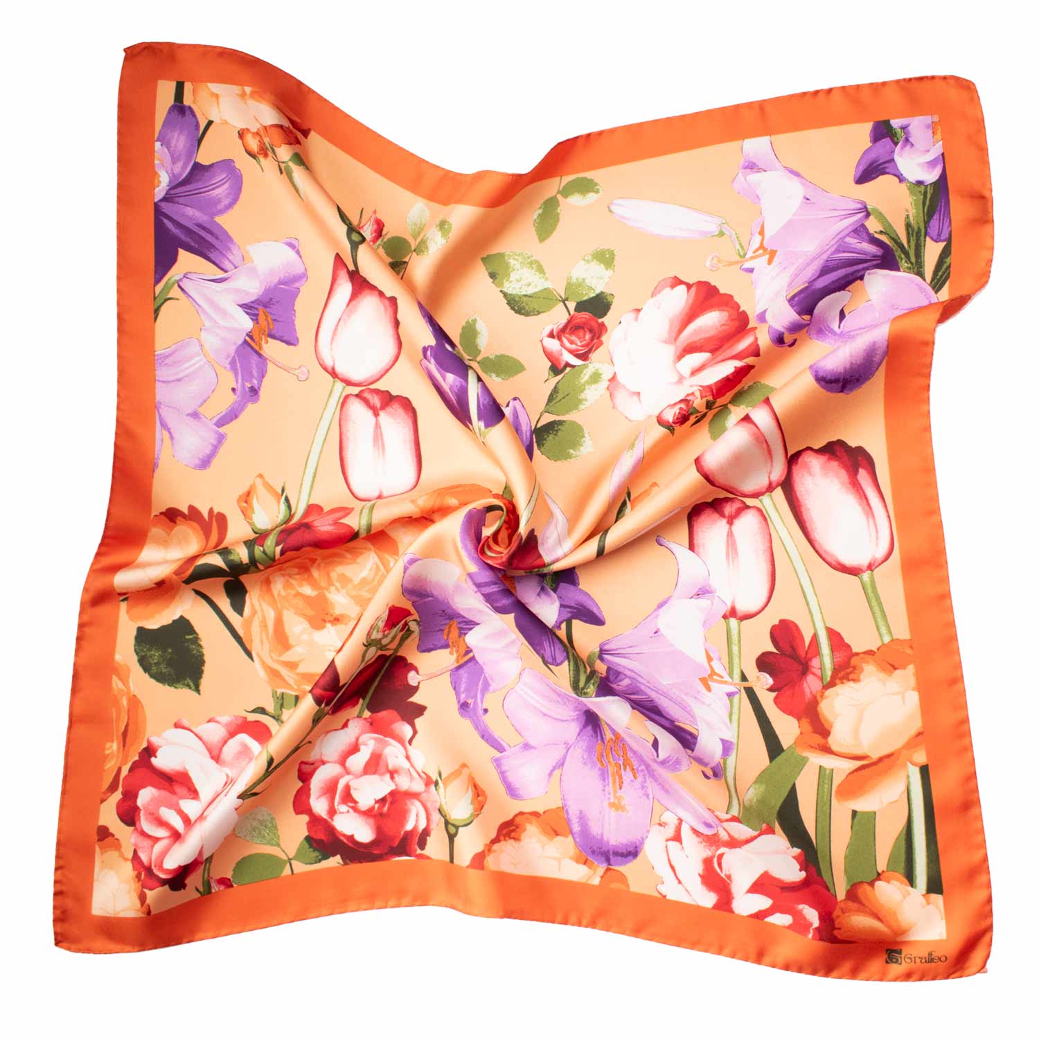 Foulard Vintage di Seta Arancione A Fiori Multicolor F46 Tessuto