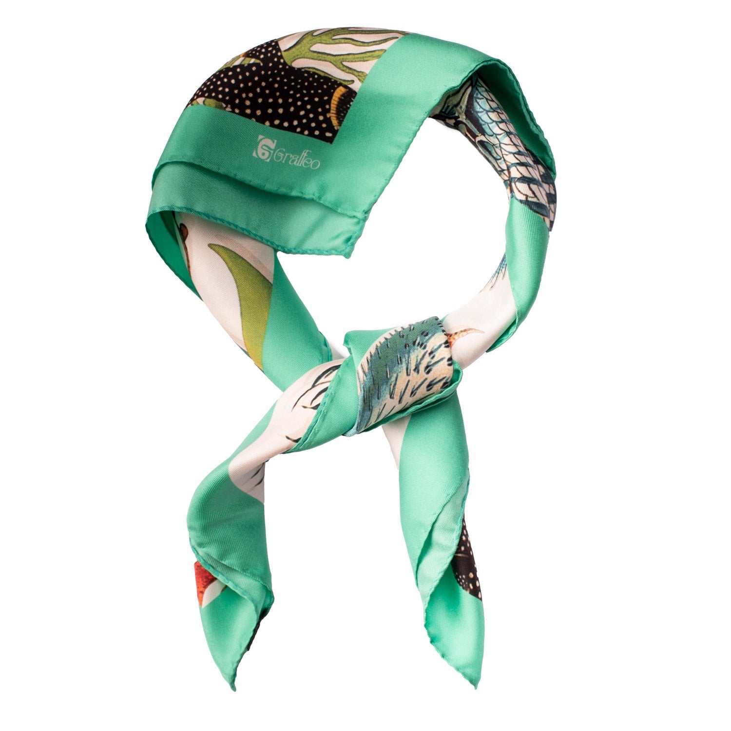Foulard Vintage di Seta Bianco Panna Verde Acqua Con Animali Multicolor F25 Annodato