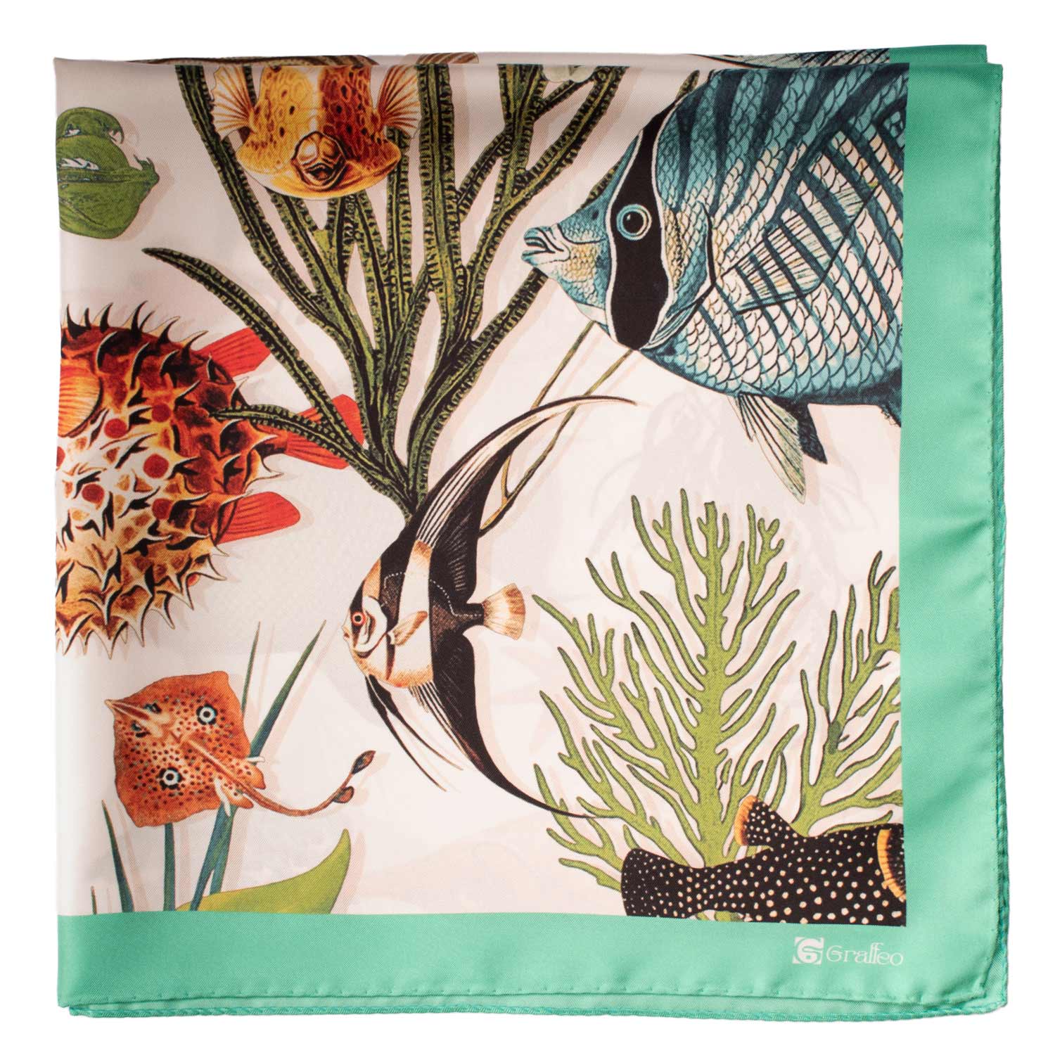 Foulard Vintage di Seta Bianco Panna Verde Acqua Con Animali Multicolor F25 Dettaglio