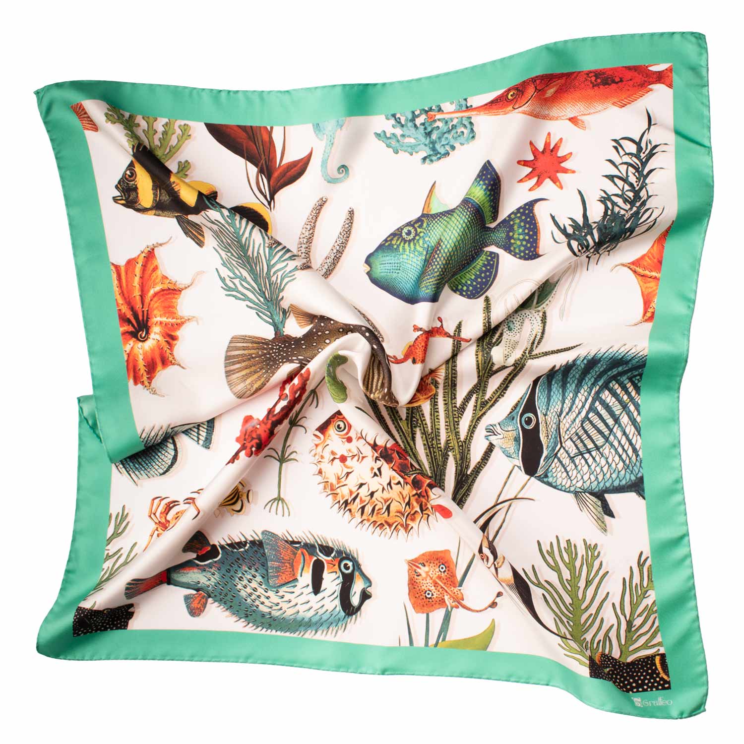 Foulard Vintage di Seta Bianco Panna Verde Acqua Con Animali Multicolor F25 Tessuto