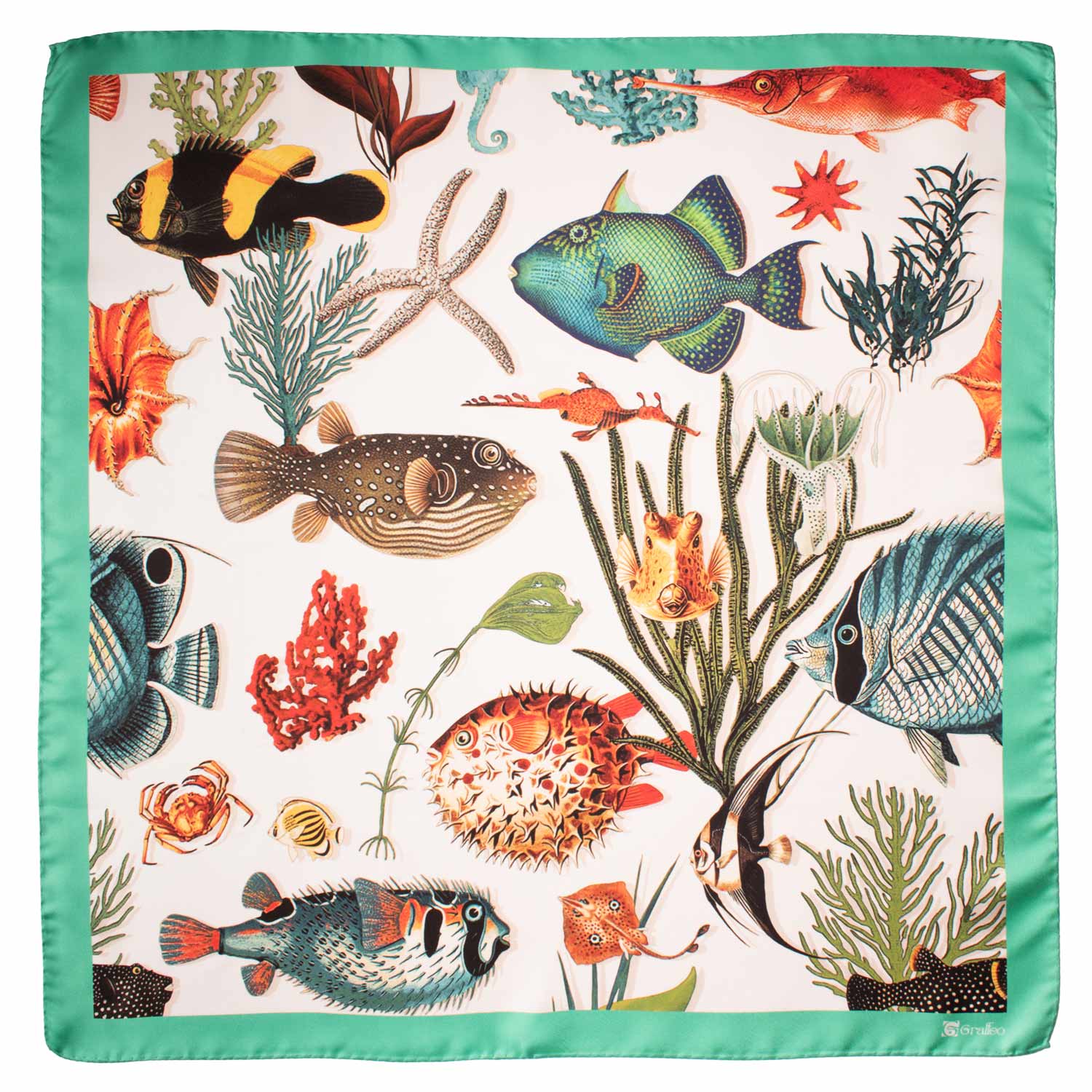 Foulard Vintage di Seta Bianco Panna Verde Acqua Con Animali Multicolor F25 Made in Italy Graffeo Cravatte