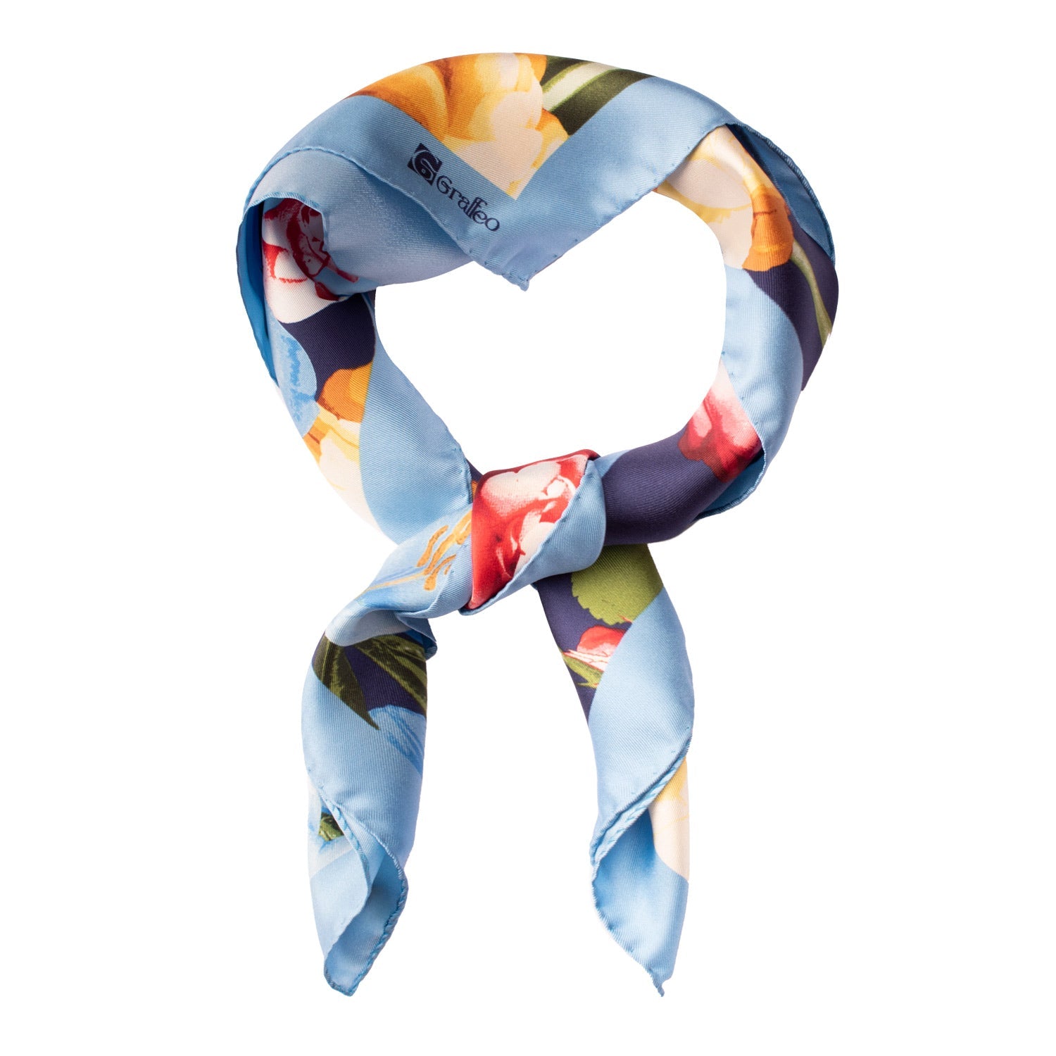 Foulard Vintage di Seta Blu Celeste A Fiori Multicolor F47 Annodato