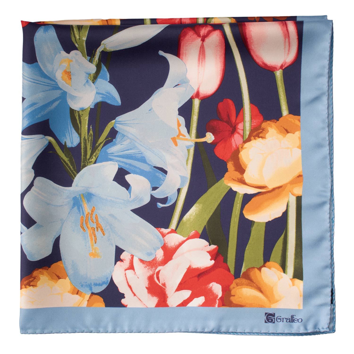 Foulard Vintage di Seta Blu Celeste A Fiori Multicolor F47 Dettaglio