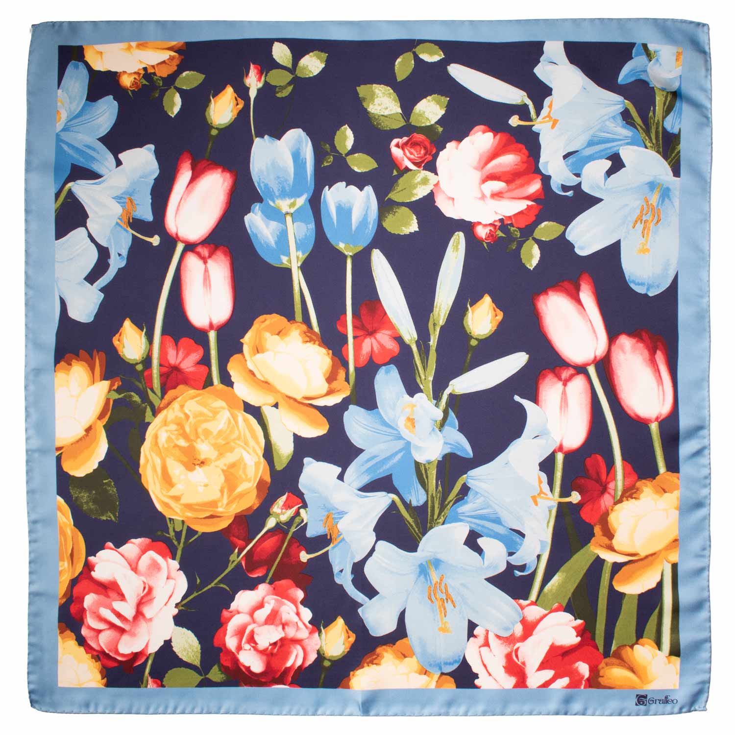 Foulard Vintage di Seta Blu Celeste A Fiori Multicolor F47 Made in Italy Graffeo Cravatte
