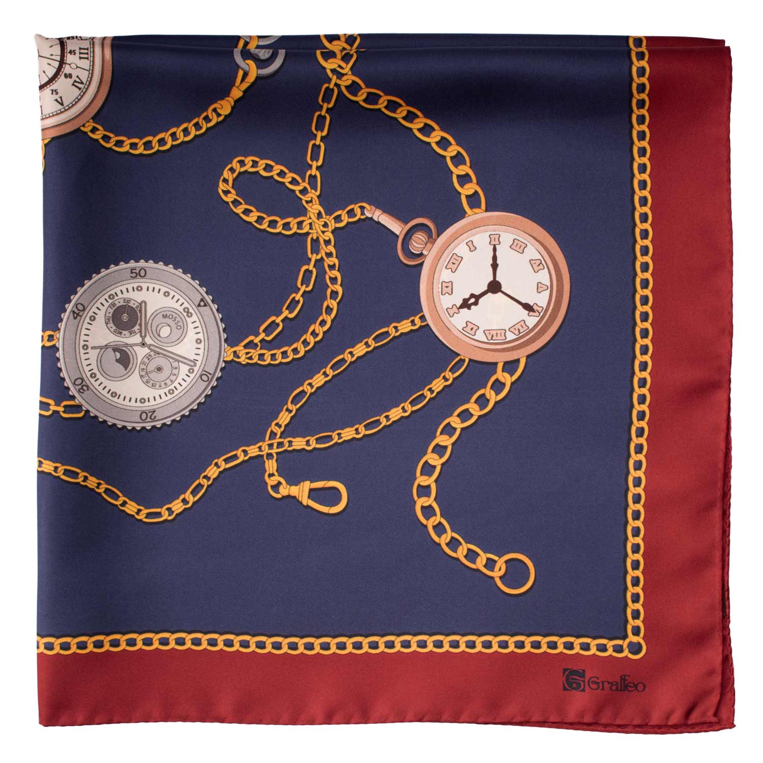 Foulard Vintage di Seta Blu Rosso Giallo Con Orologi Multicolor F30 Dettaglio