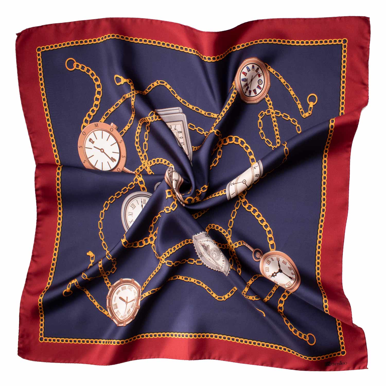 Foulard Vintage di Seta Blu Rosso Giallo Con Orologi Multicolor F30 Tessuto