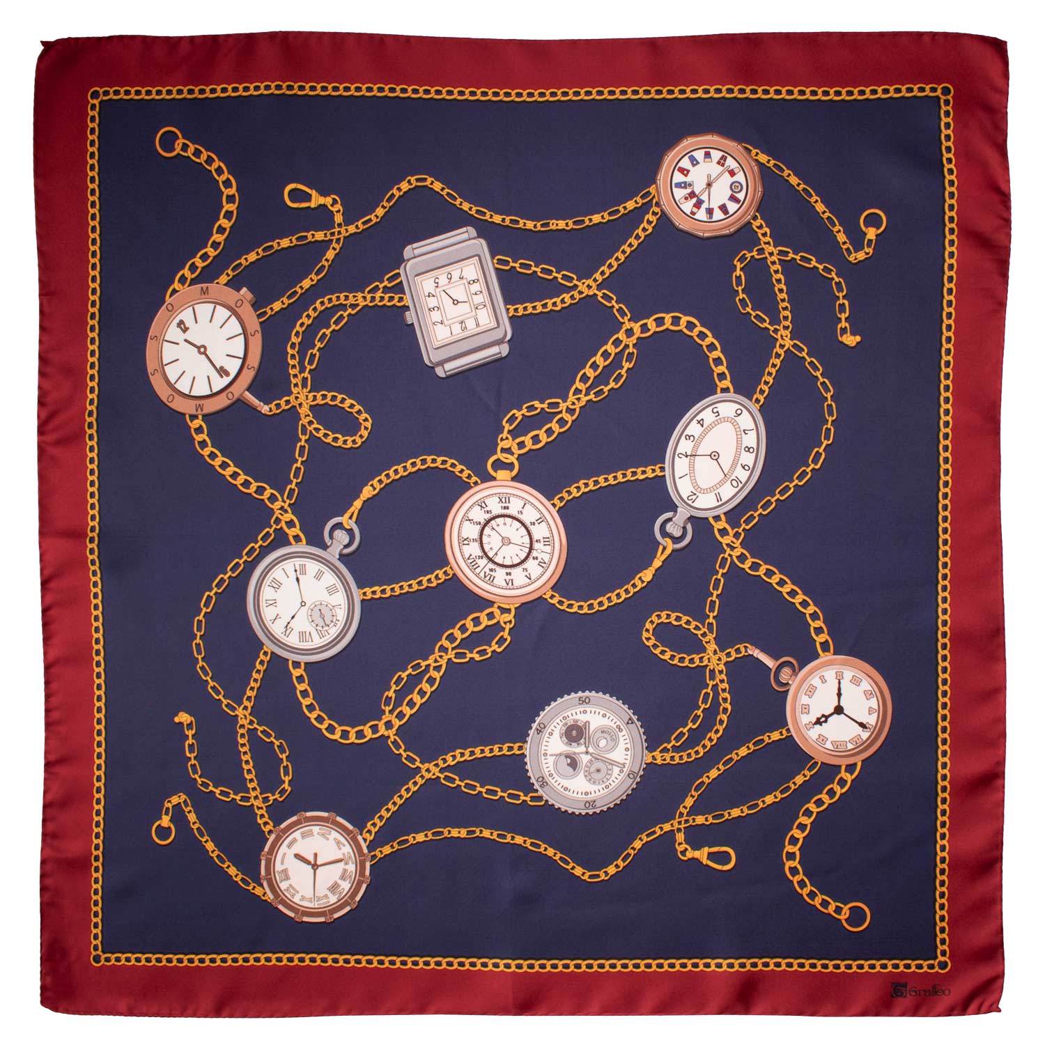 Foulard Vintage di Seta Blu Rosso Giallo Con Orologi Multicolor F30 Made in Italy Graffeo Cravatte