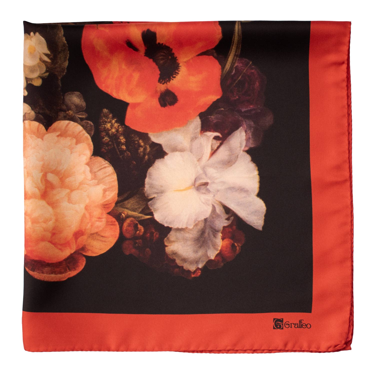 Foulard Vintage di Seta Marrone Rosso A Fiori Multicolor F44 Dettaglio