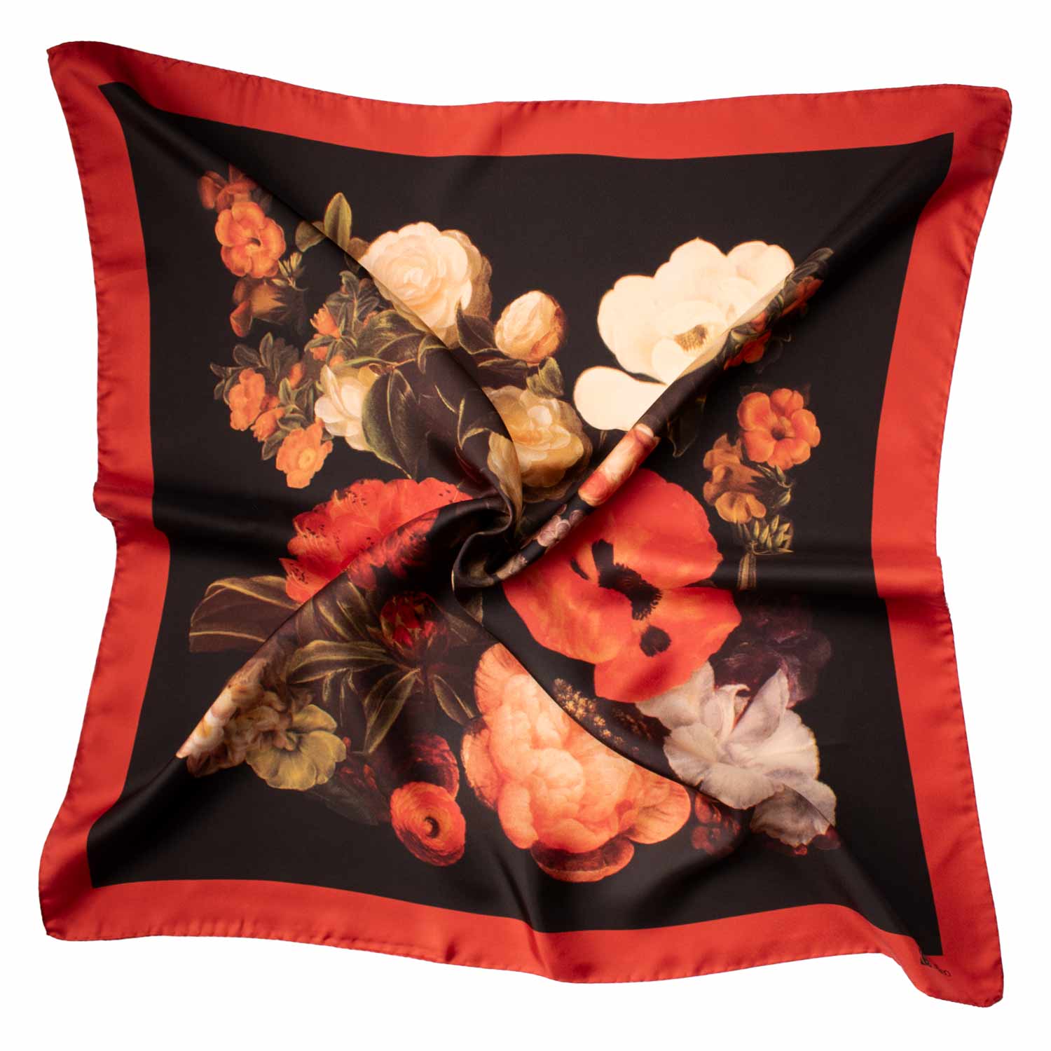 Foulard Vintage di Seta Marrone Rosso A Fiori Multicolor F44 Tessuto