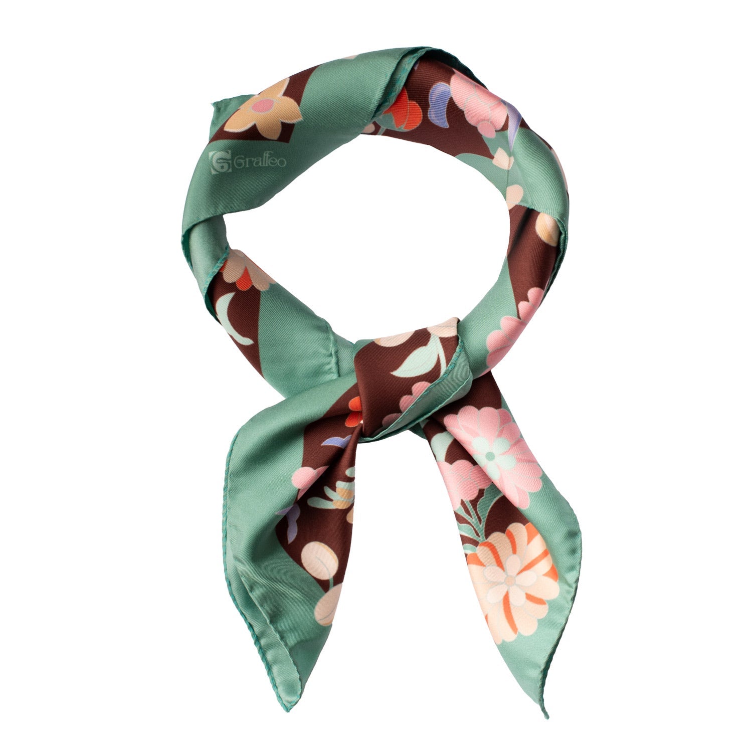 Foulard Vintage di Seta Marrone Verde A Fiori Multicolor F51 Annodato