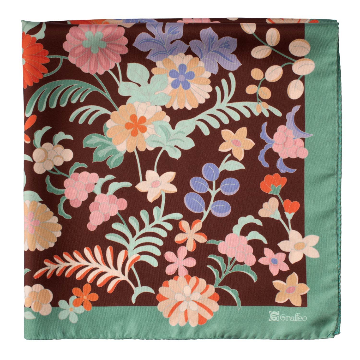 Foulard Vintage di Seta Marrone Verde A Fiori Multicolor F51 Dettaglio