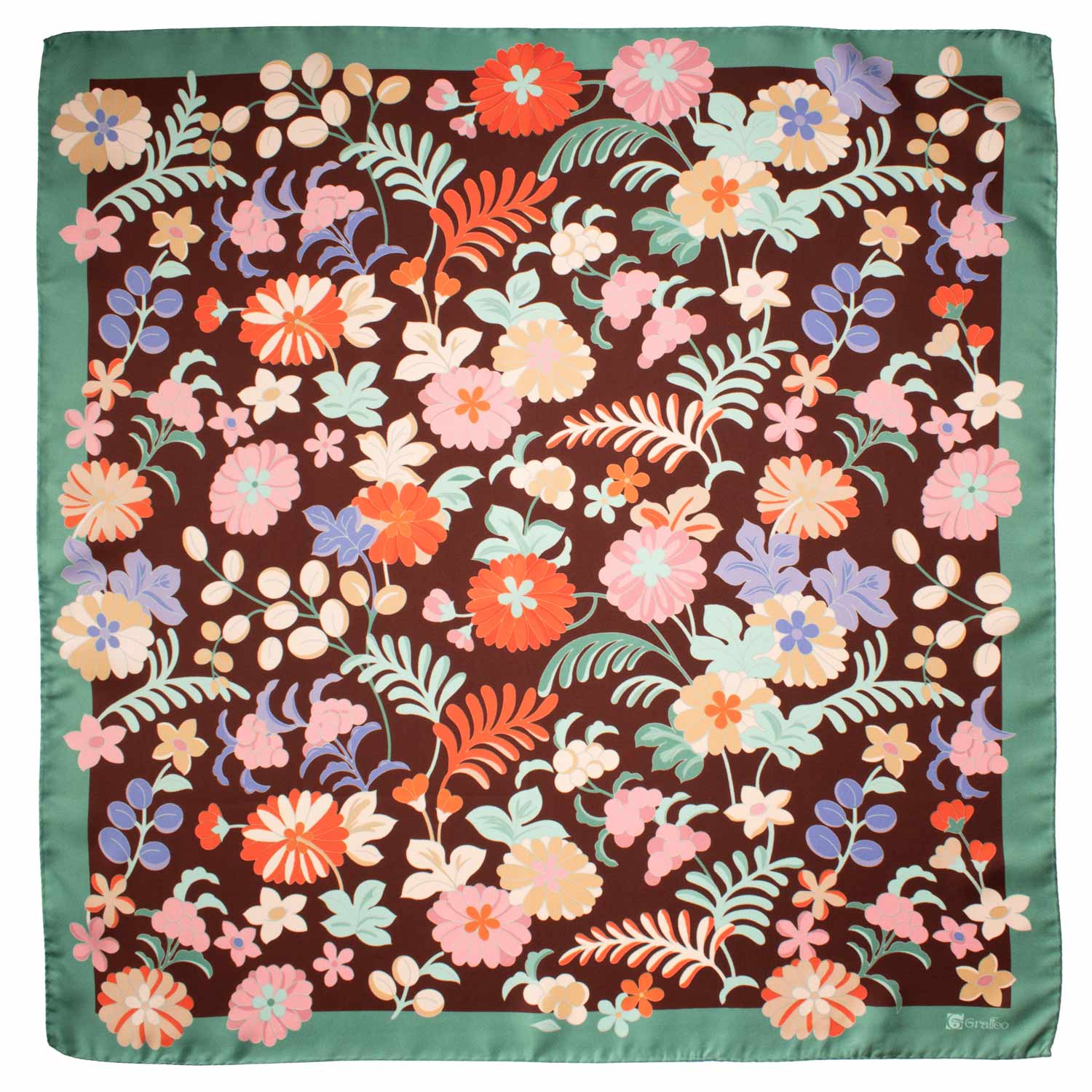 Foulard Vintage di Seta Marrone Verde A Fiori Multicolor F51 Made in Italy Graffeo Cravatte