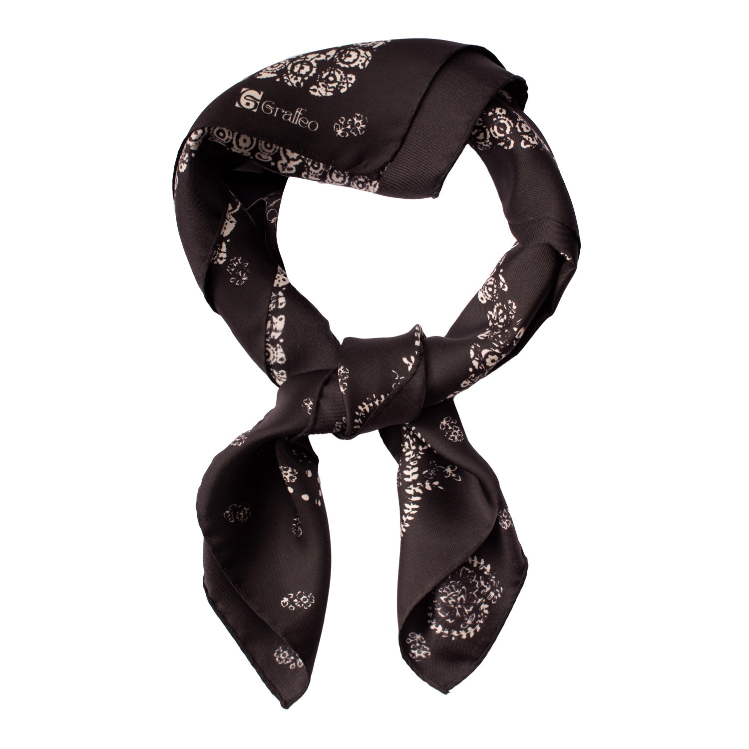 Foulard Vintage di Seta Nero Paisley Bianco F42 Annodato