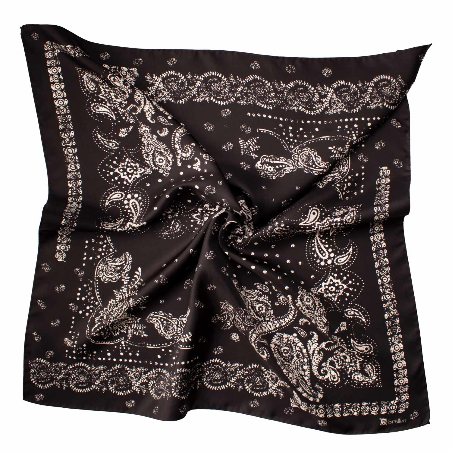 Foulard Vintage di Seta Nero Paisley Bianco F42 Tessuto