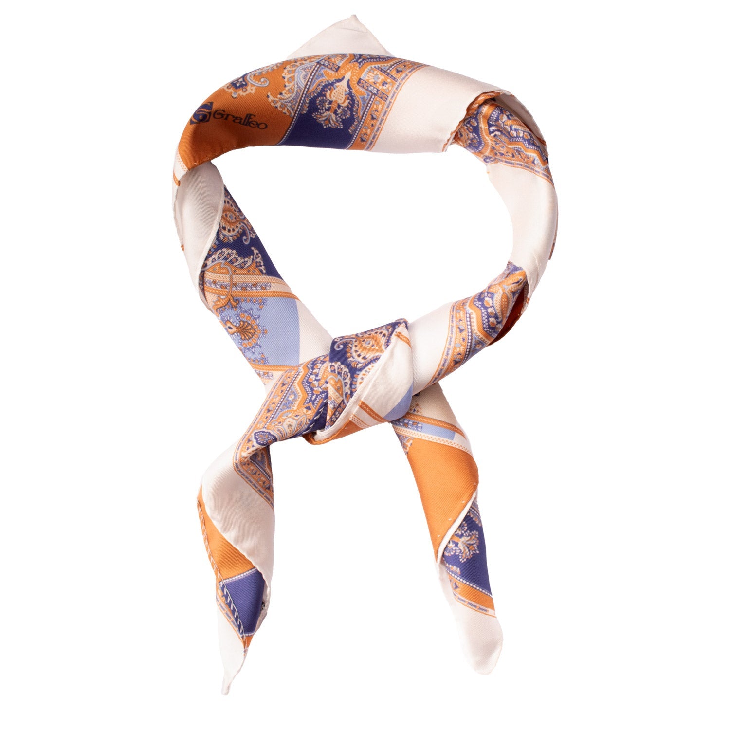 Foulard Vintage di Seta Panna Arancione Fantasia Multicolor F49 Annodato