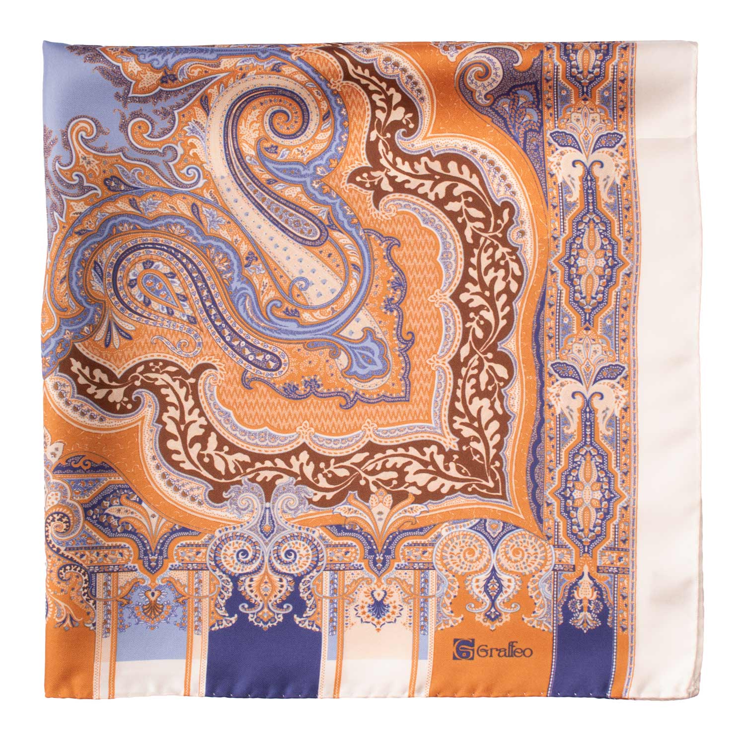 Foulard Vintage di Seta Panna Arancione Fantasia Multicolor F49 Dettaglio