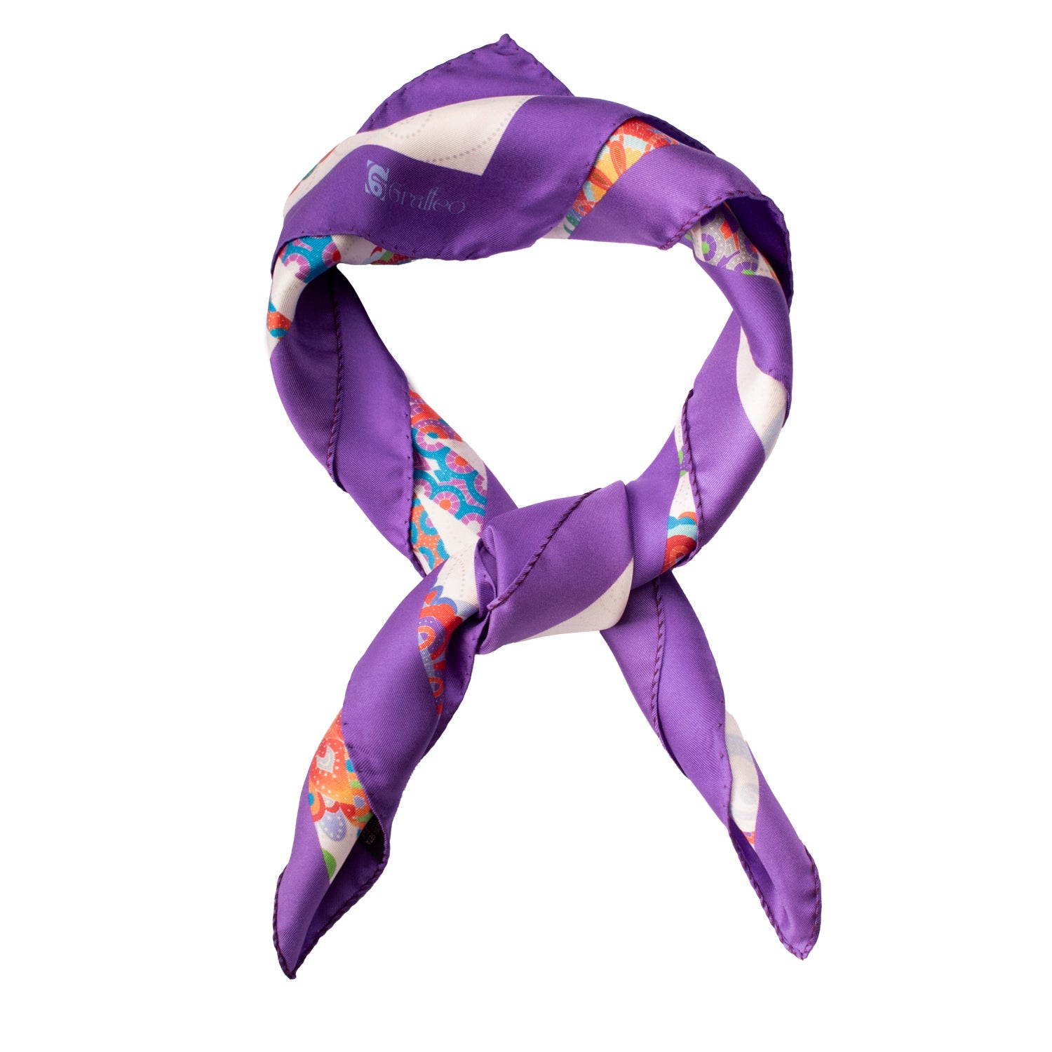 Foulard Vintage di Seta Panna Viola Fantasia Multicolor F32 Annodato