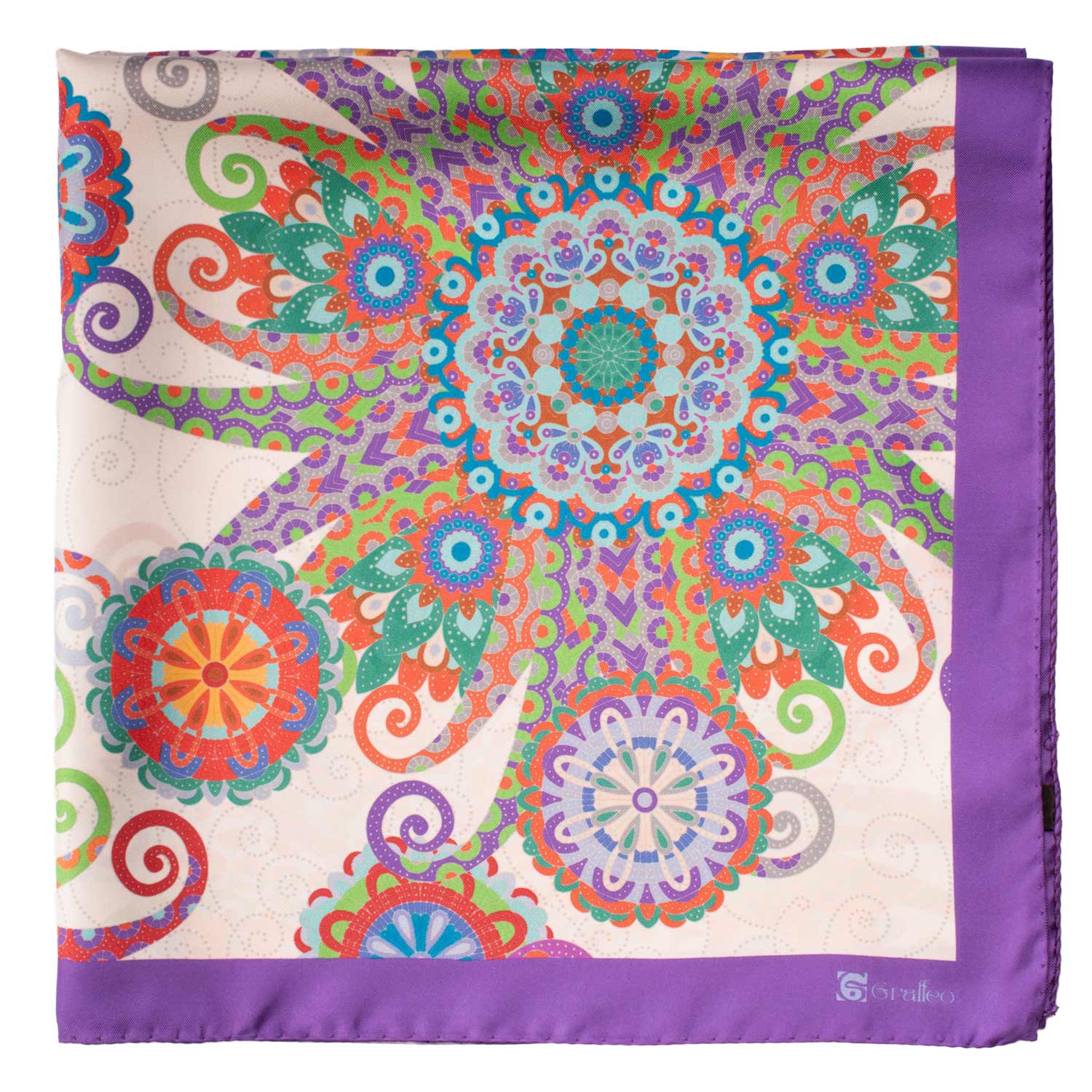 Foulard Vintage di Seta Panna Viola Fantasia Multicolor F32 Dettaglio