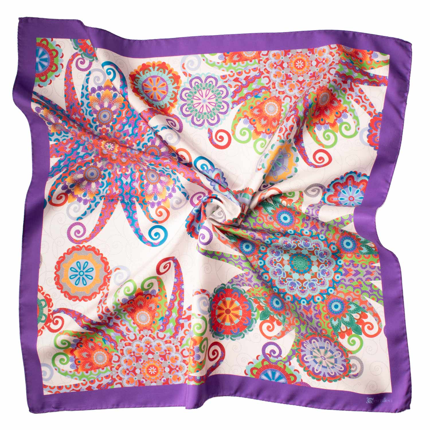 Foulard Vintage di Seta Panna Viola Fantasia Multicolor F32 Tessuto