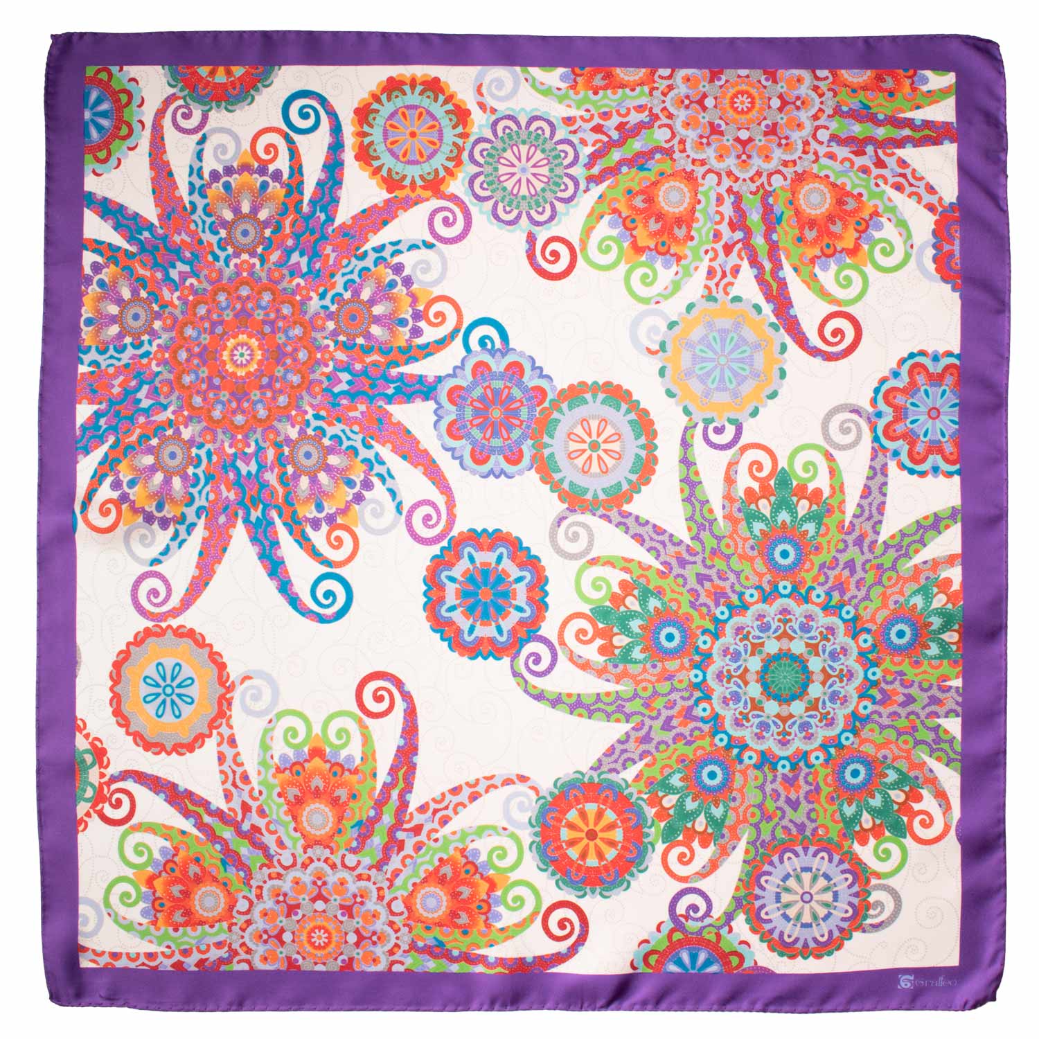 Foulard Vintage di Seta Panna Viola Fantasia Multicolor F32 Made in Italy Graffeo Cravatte
