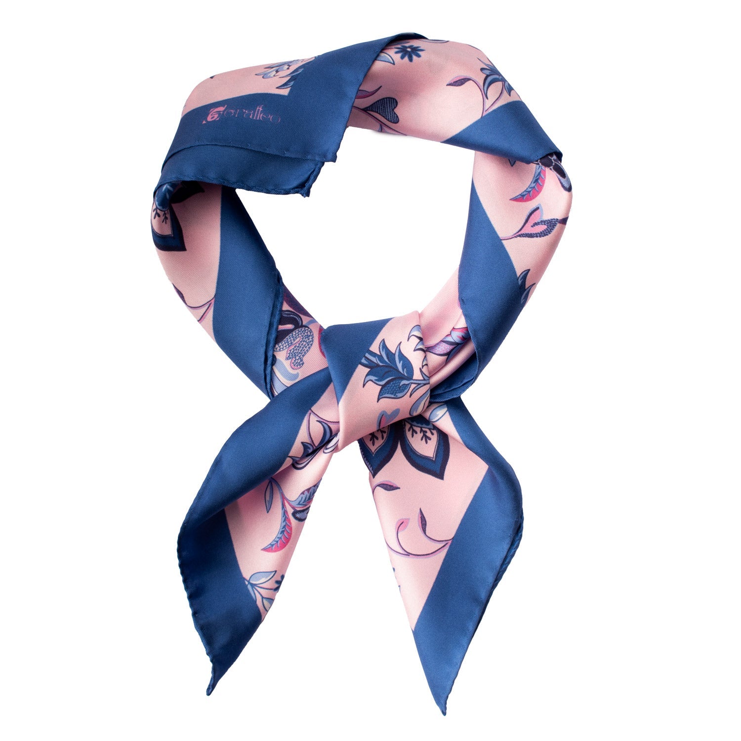 Foulard Vintage di Seta Rosa Blu A Fiori Multicolor F21 Annodato