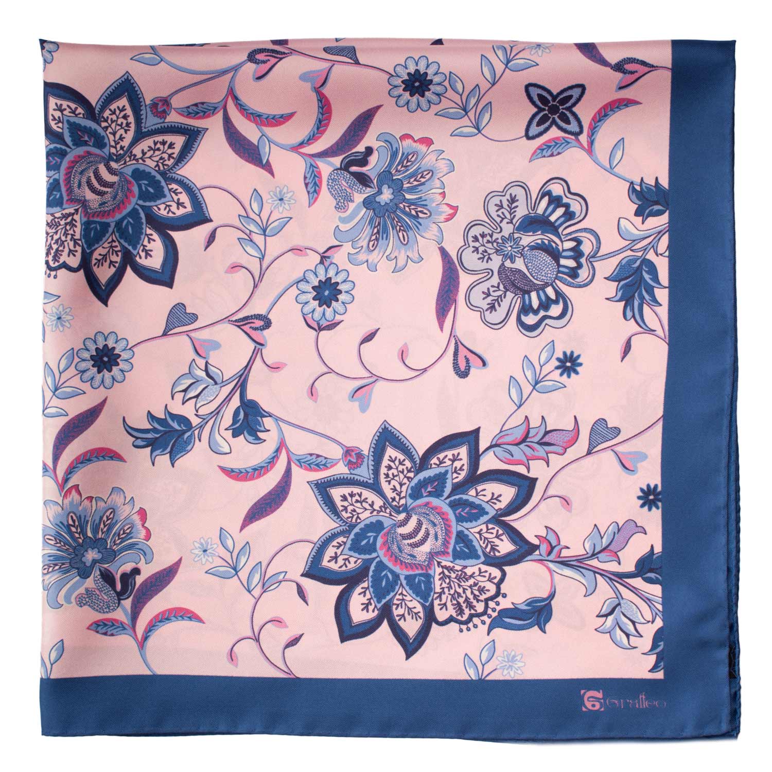 Foulard Vintage di Seta Rosa Blu A Fiori Multicolor F21 Dettaglio