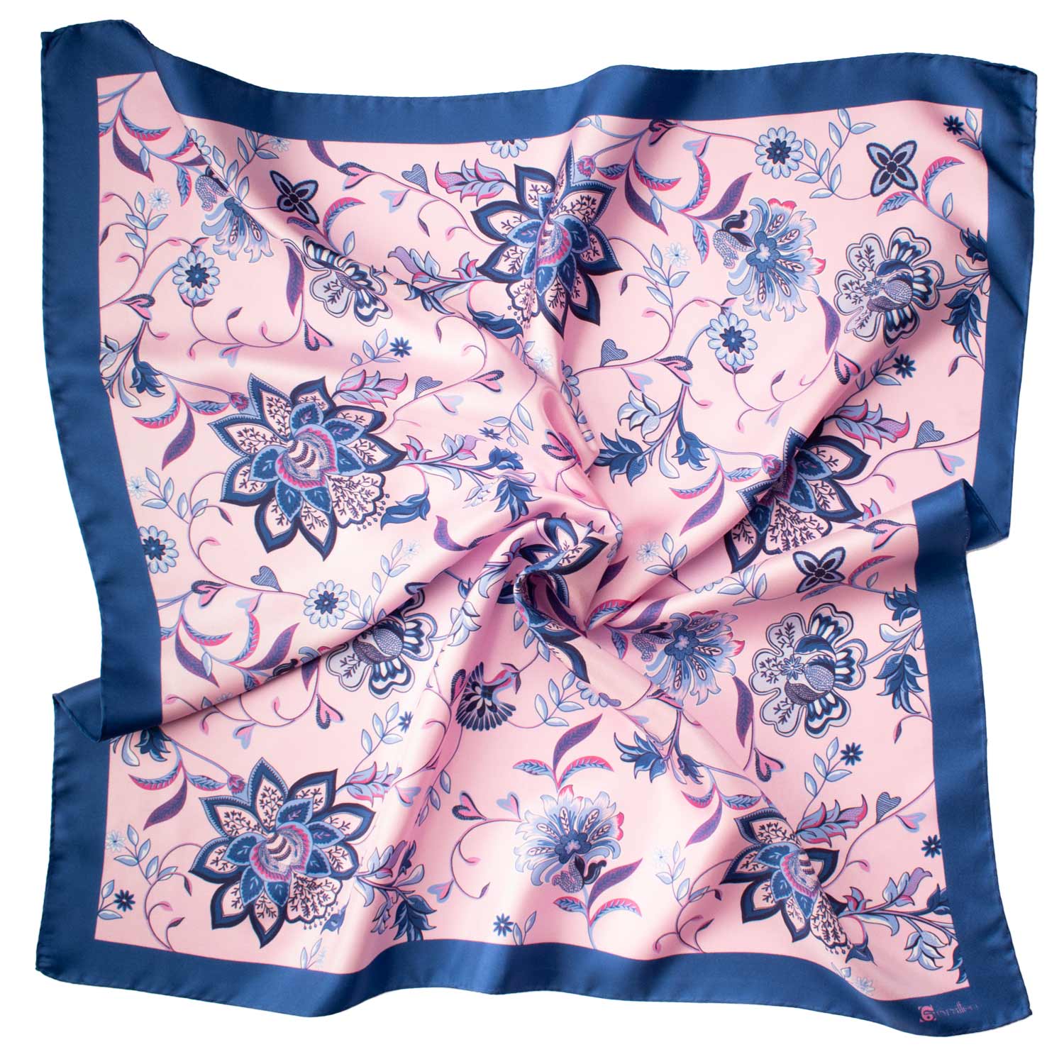 Foulard Vintage di Seta Rosa Blu A Fiori Multicolor F21 Tessuto