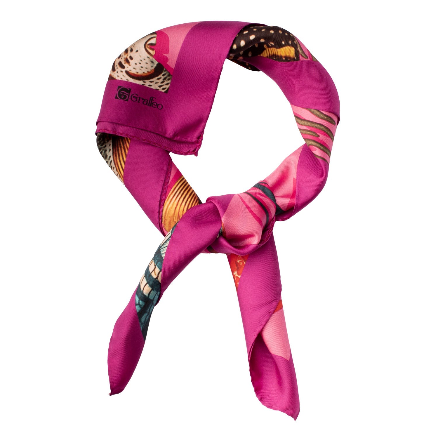 Foulard Vintage di Seta Rosa Fucsia Con Animali Multicolor F24 Annodato