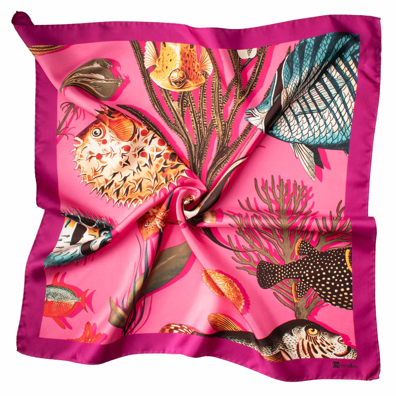 Foulard Vintage di Seta Rosa Fucsia Con Animali Multicolor F24 Tessuto