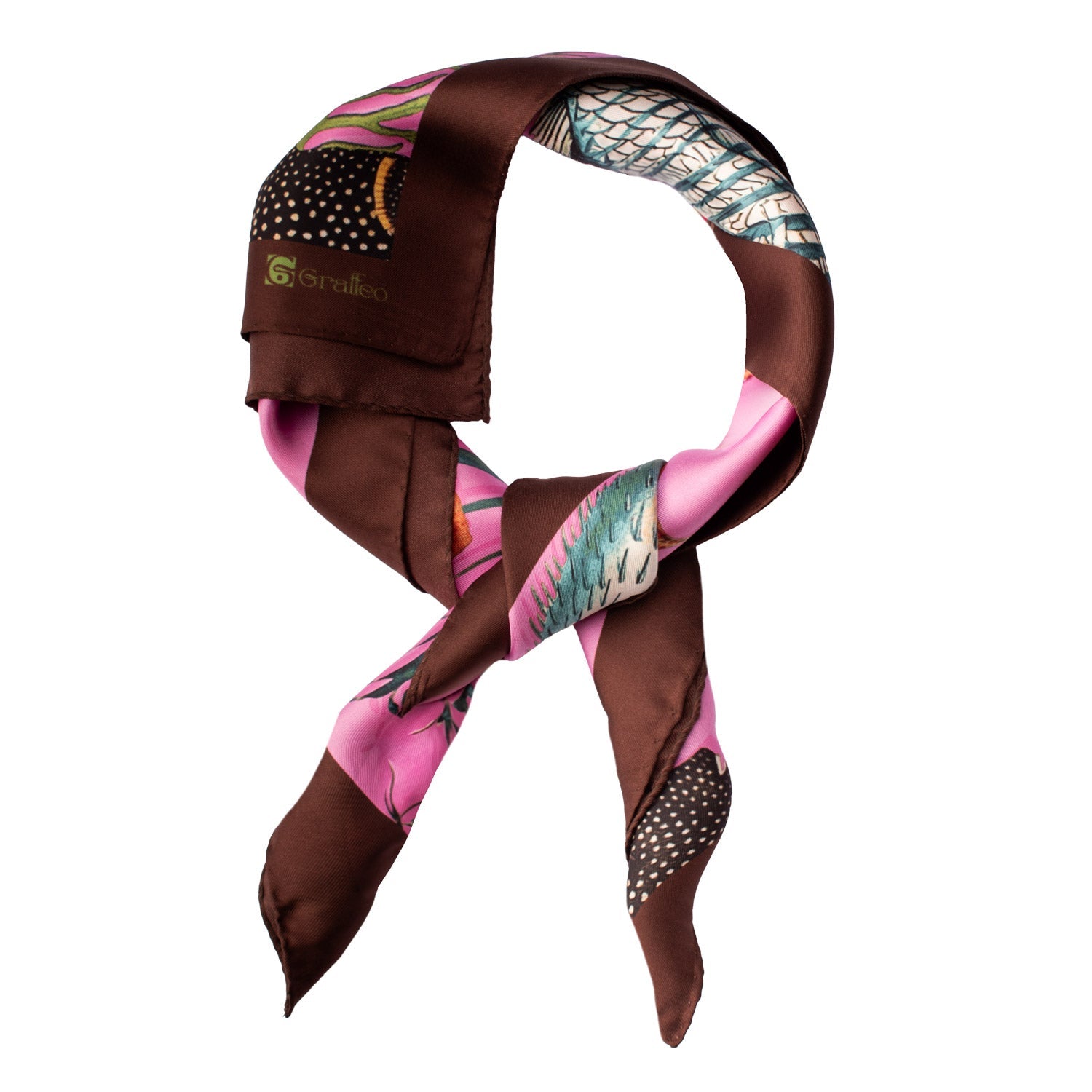 Foulard Vintage di Seta Rosa Marrone Con Animali Multicolor F26 Annodato