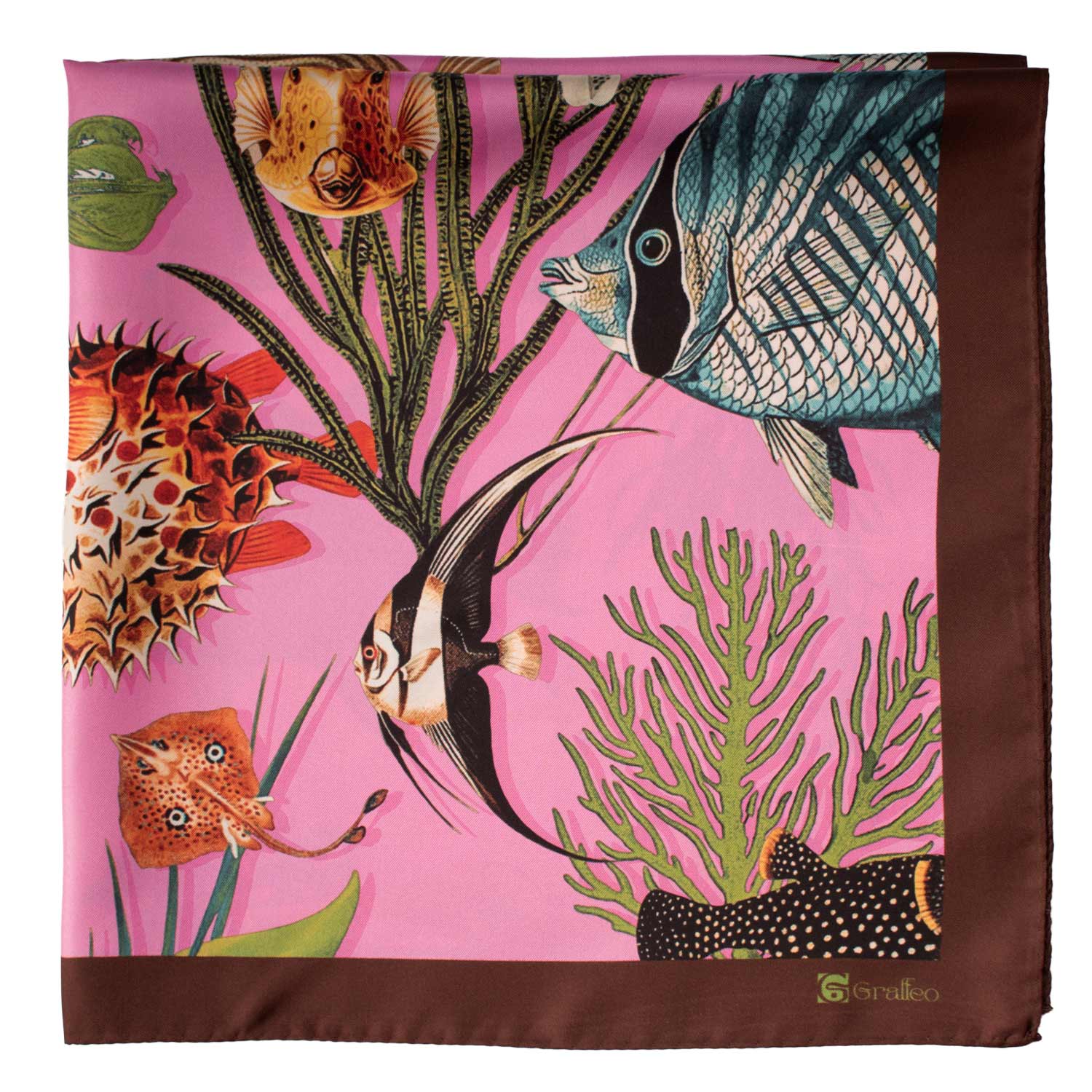Foulard Vintage di Seta Rosa Marrone Con Animali Multicolor F26 Dettaglio