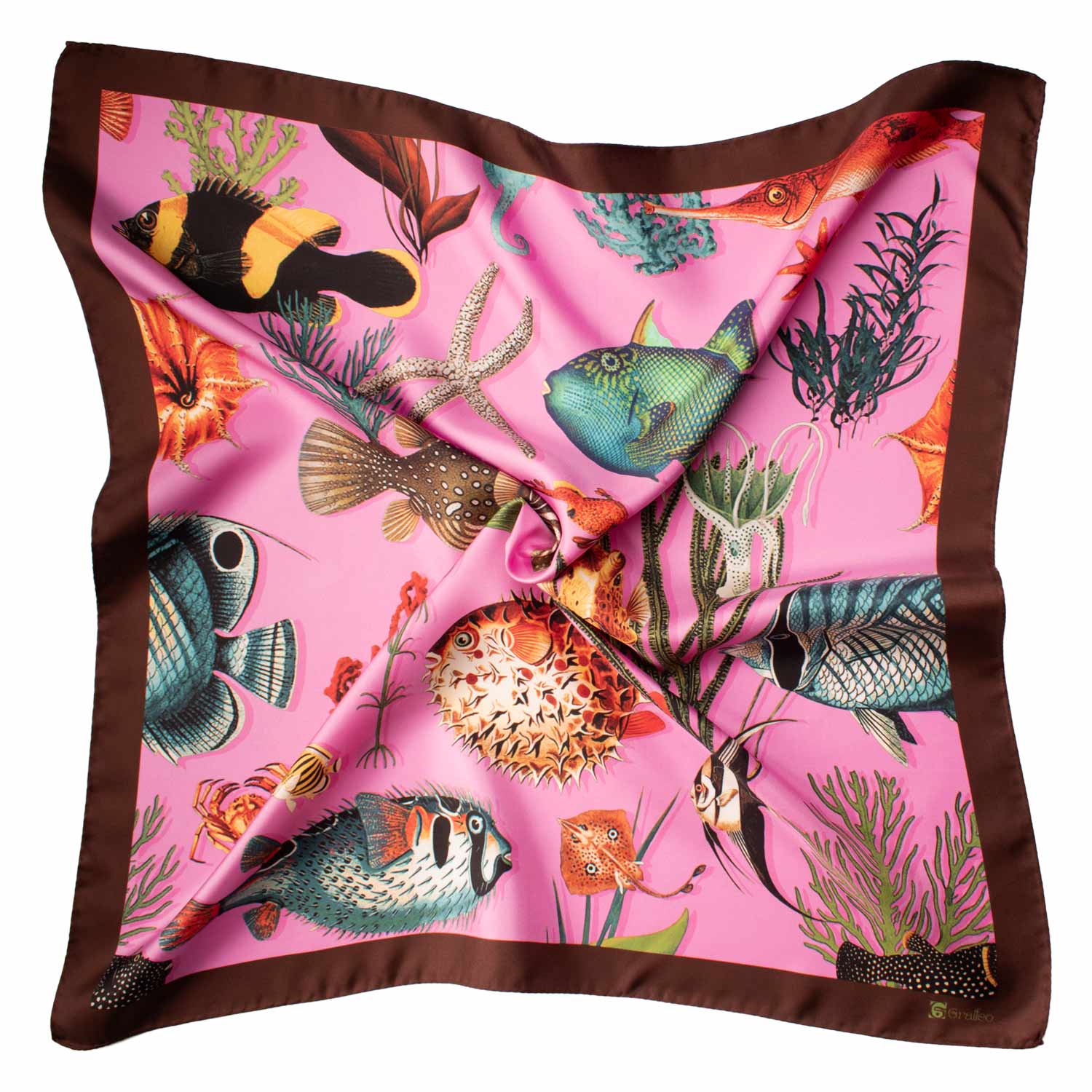 Foulard Vintage di Seta Rosa Marrone Con Animali Multicolor F26 Tessuto