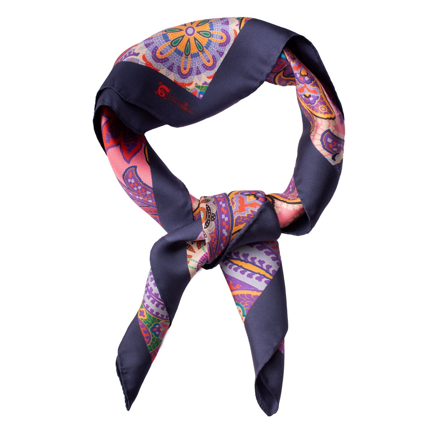 Foulard Vintage di Seta Rosa Viola Scuro Paisley Multicolor F33 Annodato