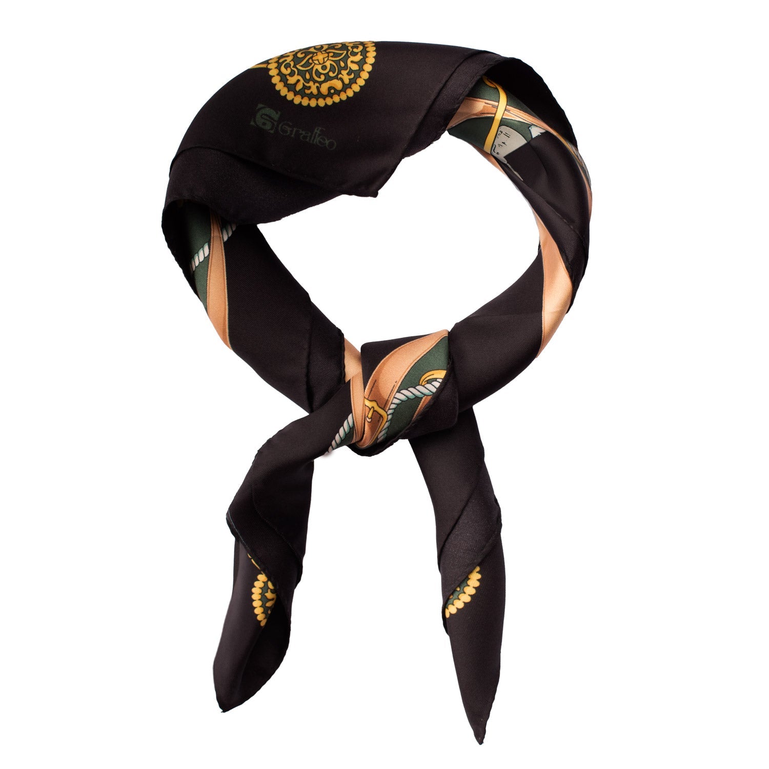 Foulard Vintage di Seta Verde Nero Oro Fantasia Multicolor F31 Annodato