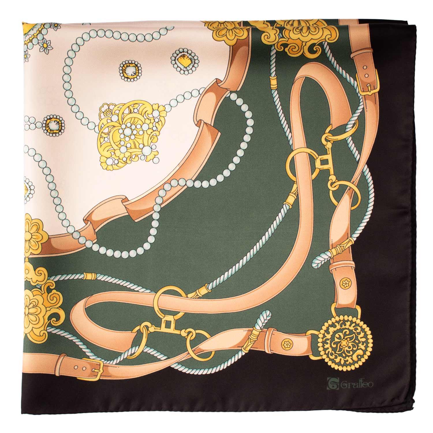Foulard Vintage di Seta Verde Nero Oro Fantasia Multicolor F31 Dettaglio