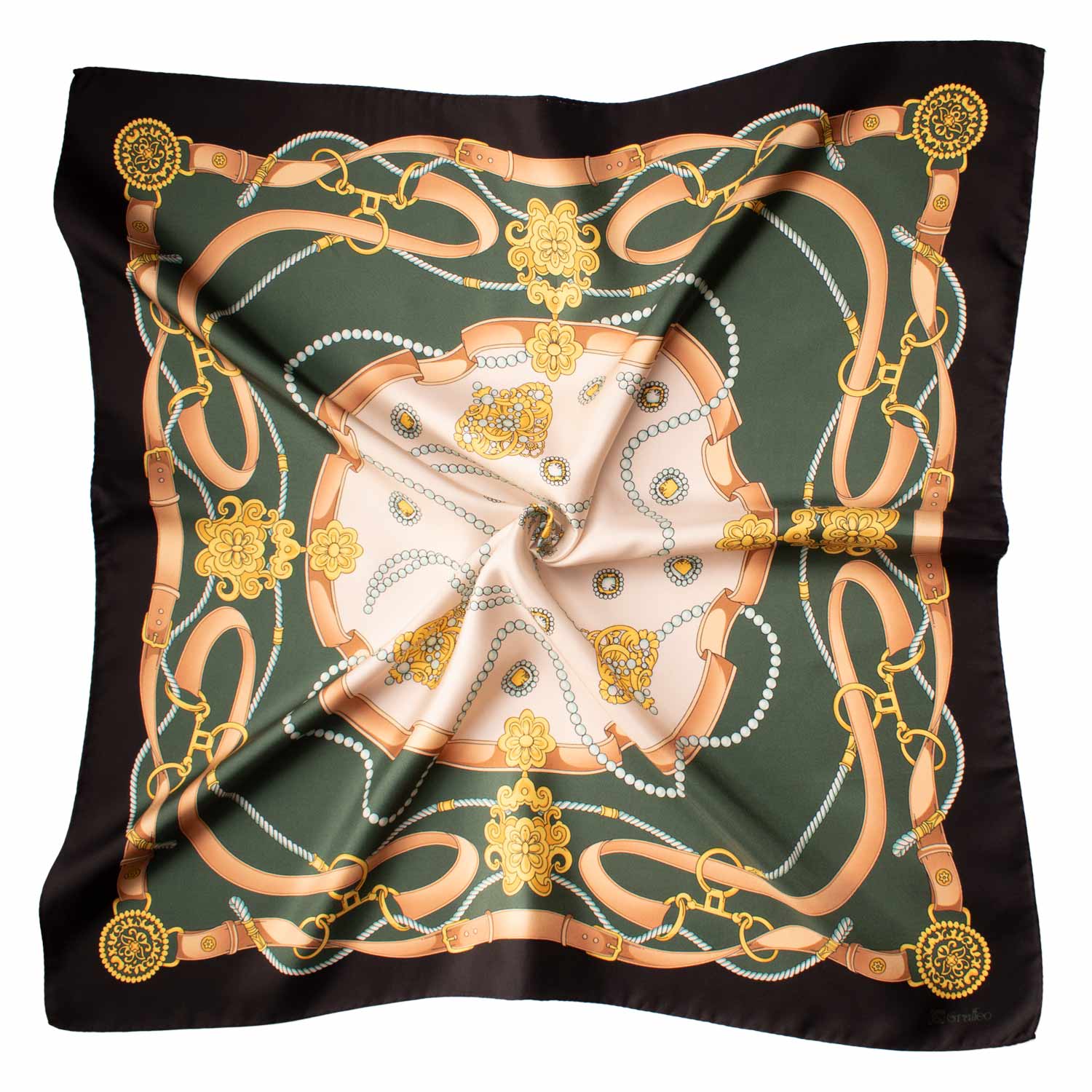 Foulard Vintage di Seta Verde Nero Oro Fantasia Multicolor F31 Tessuto