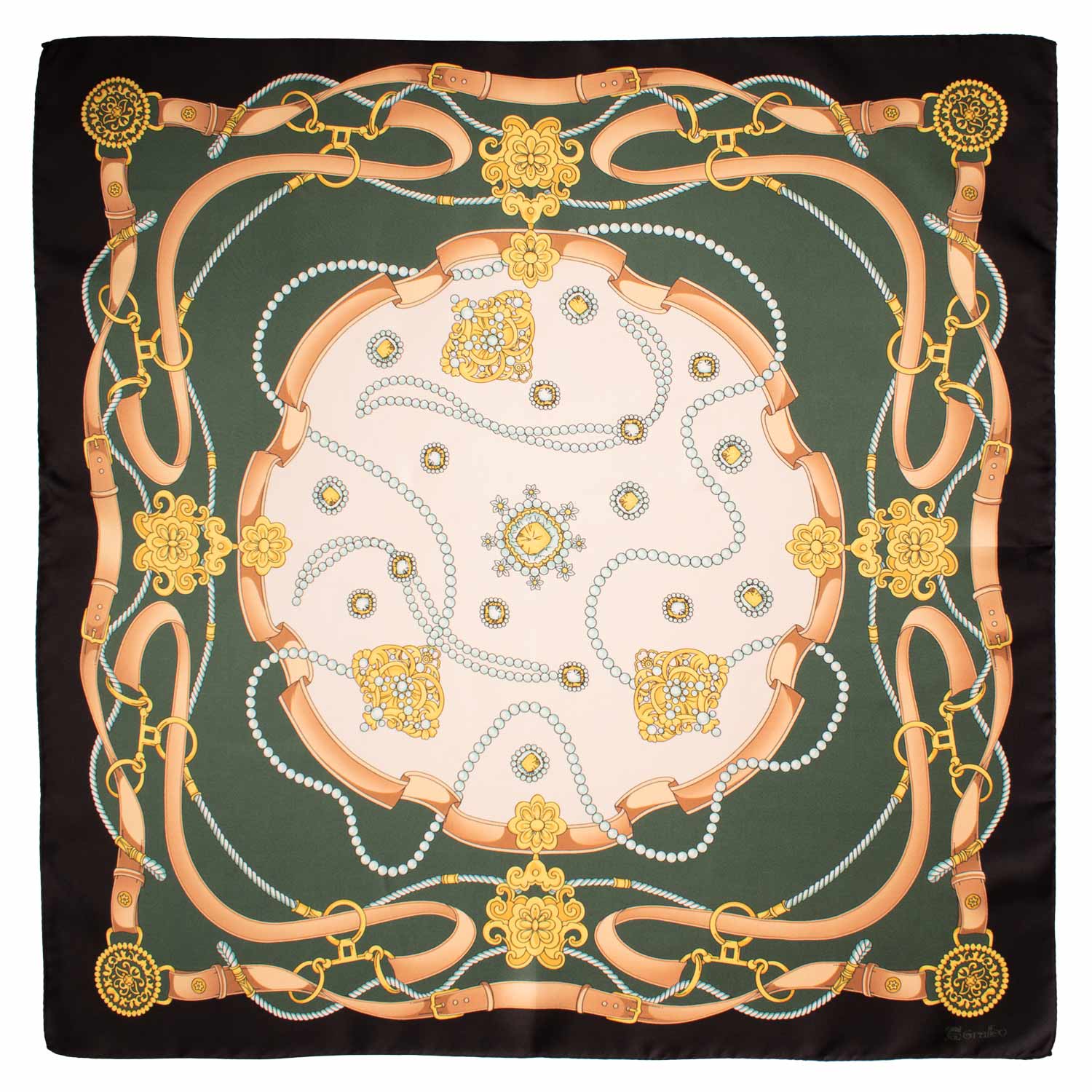 Foulard Vintage di Seta Verde Nero Oro Fantasia Multicolor F31 Made in Italy Graffeo Cravatte