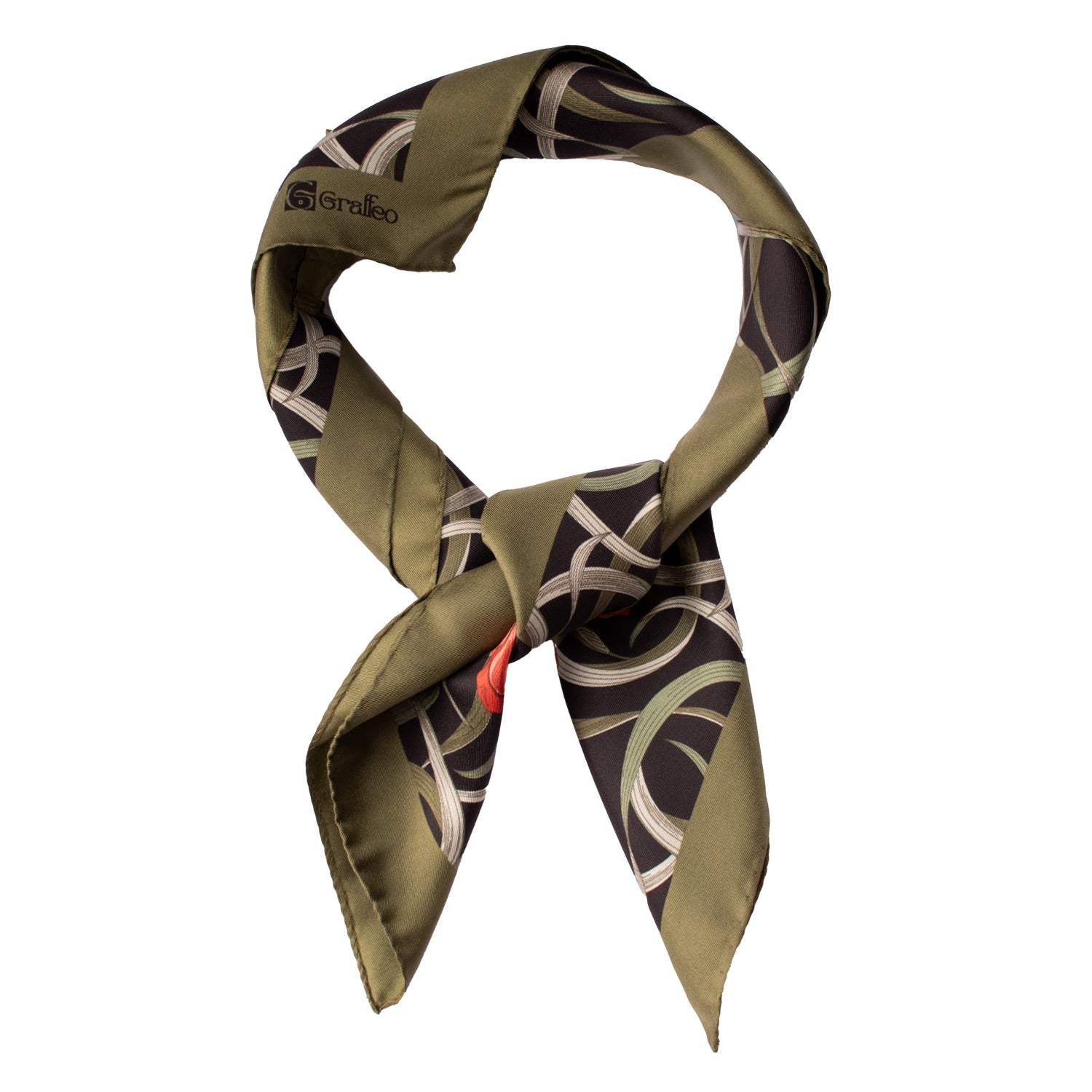 Foulard Vintage di Seta Verde Oliva Nero A Fiori Multicolor F45 Annodato