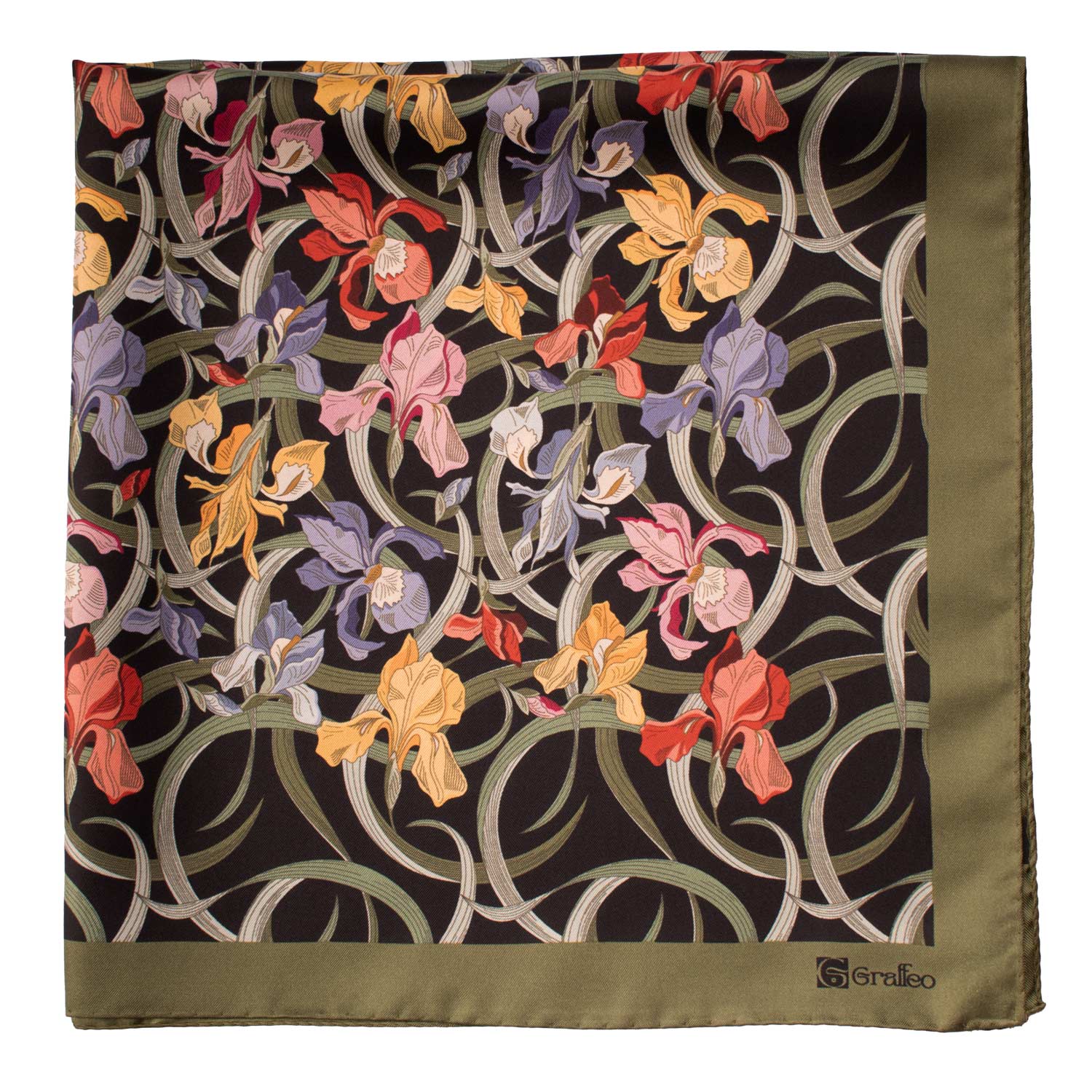 Foulard Vintage di Seta Verde Oliva Nero A Fiori Multicolor F45 Dettaglio