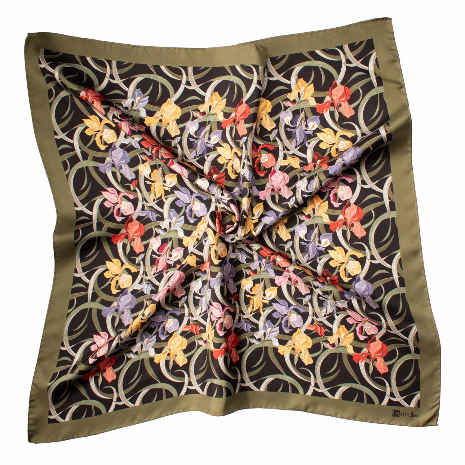 Foulard Vintage di Seta Verde Oliva Nero A Fiori Multicolor F45 Tessuto