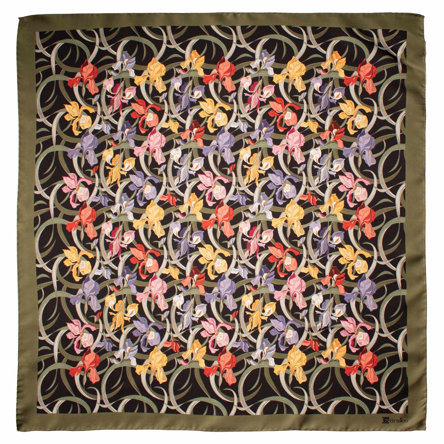 Foulard Vintage di Seta Verde Oliva Nero A Fiori Multicolor F45