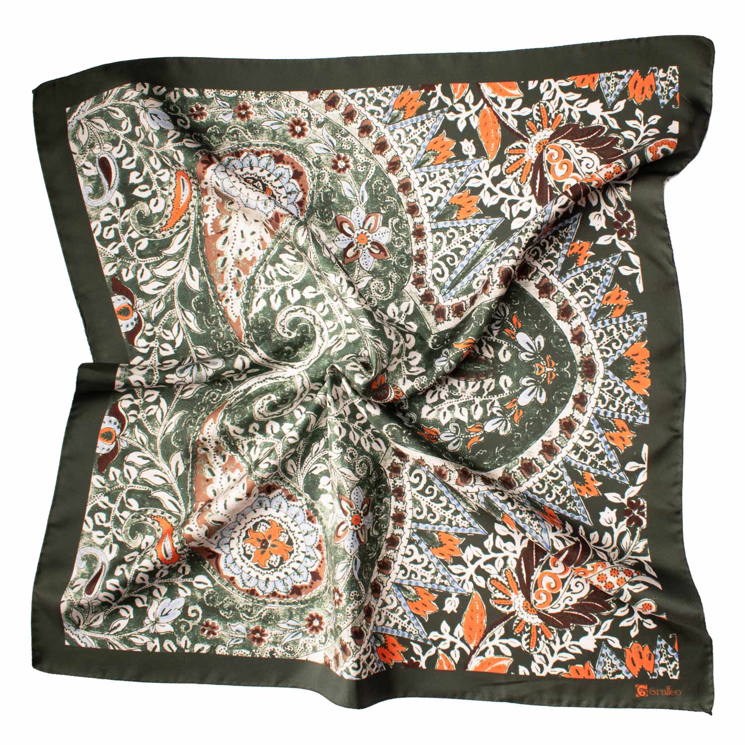 Foulard Vintage di Seta Verde Paisley Multicolor F27 Tessuto