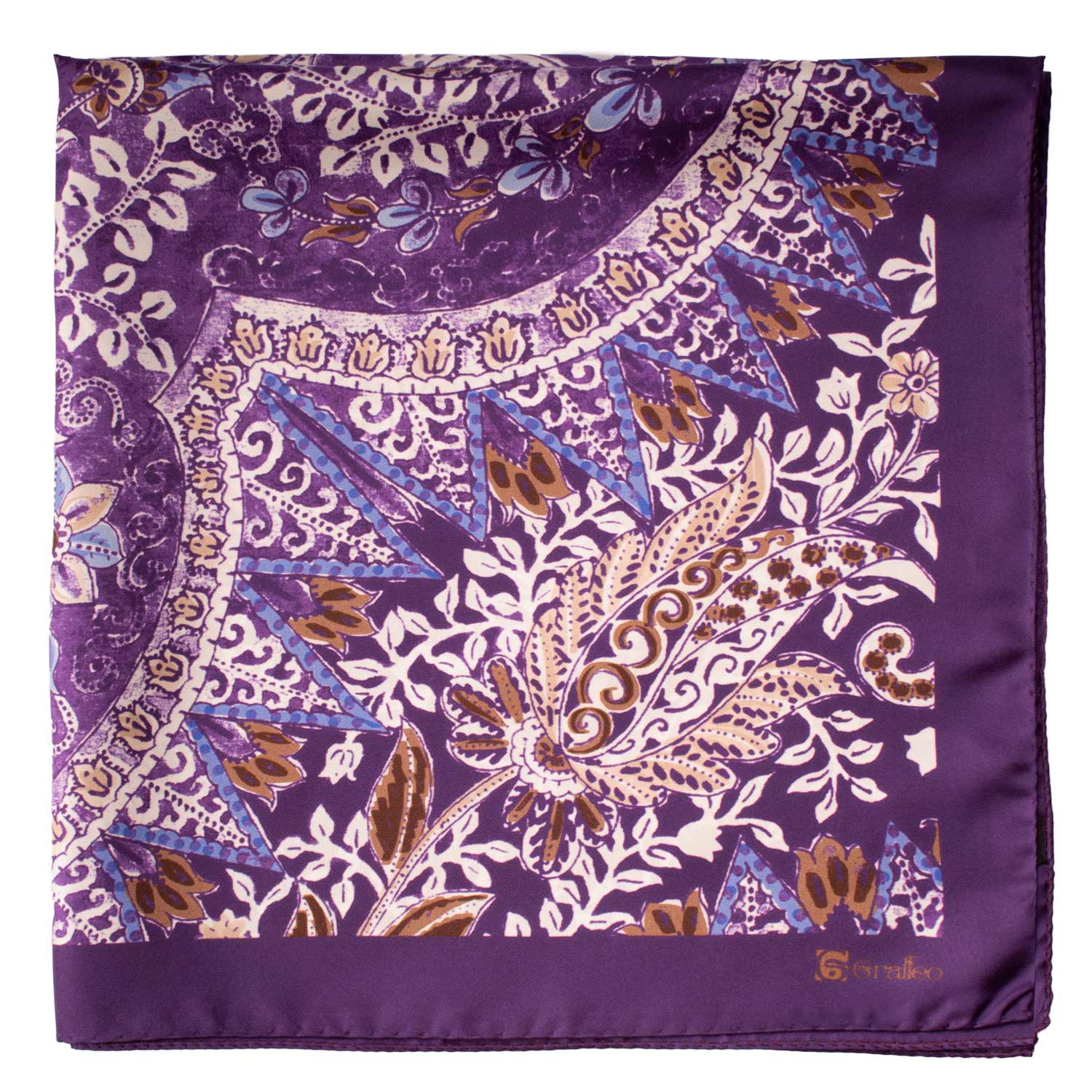 Foulard Vintage di Seta Viola Paisley Multicolor F29 Dettaglio
