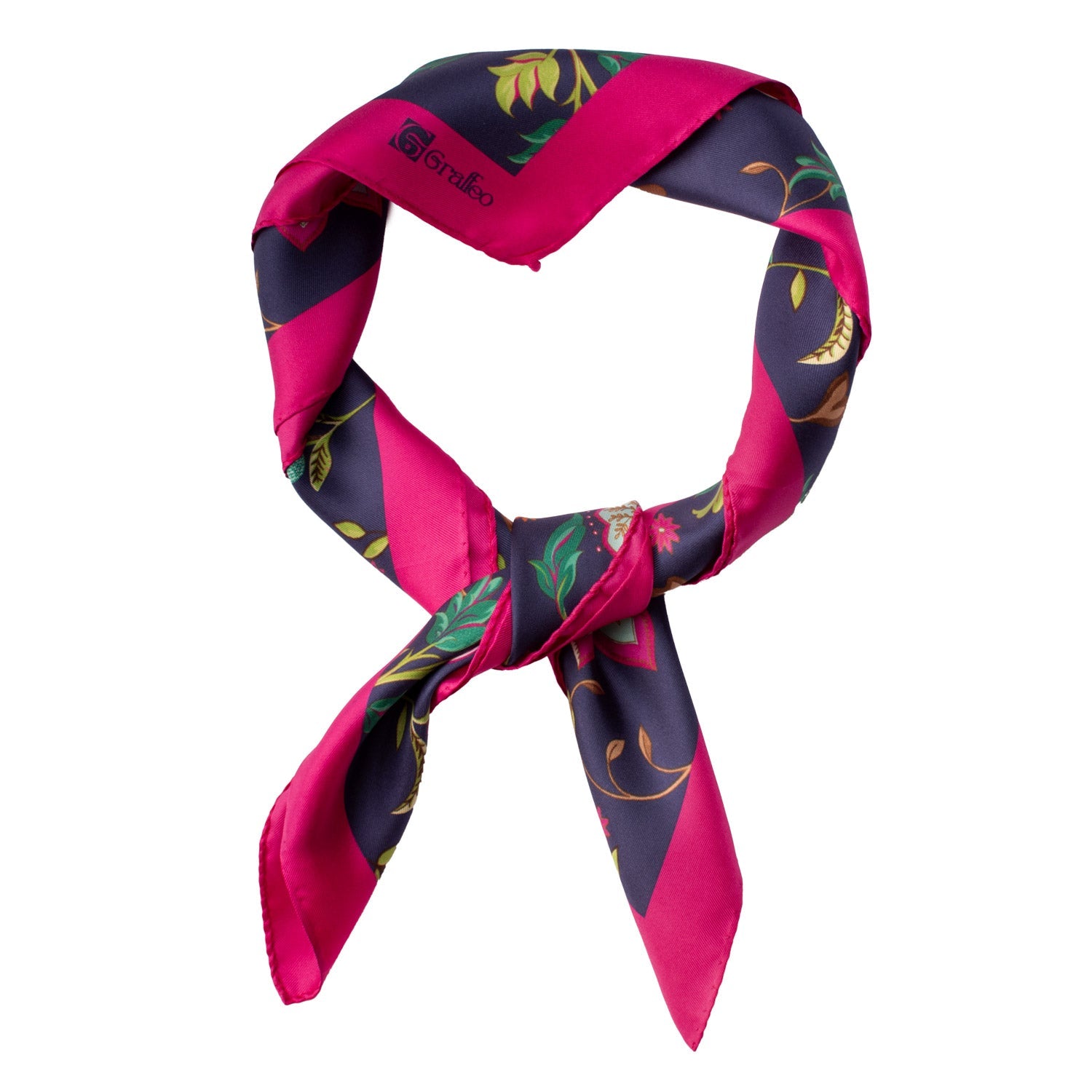 Foulard Vintage di Seta Viola Scuro Fucsia A Fiori Multicolor F23 Annodato